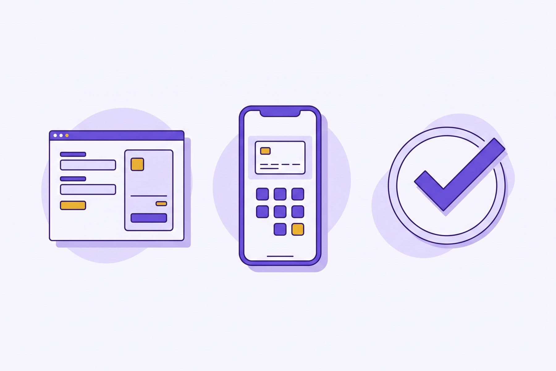 Three step illustration of an Airtel Money collection: a checkout screen, a phone showing a PIN approval prompt, and a confirmation tick