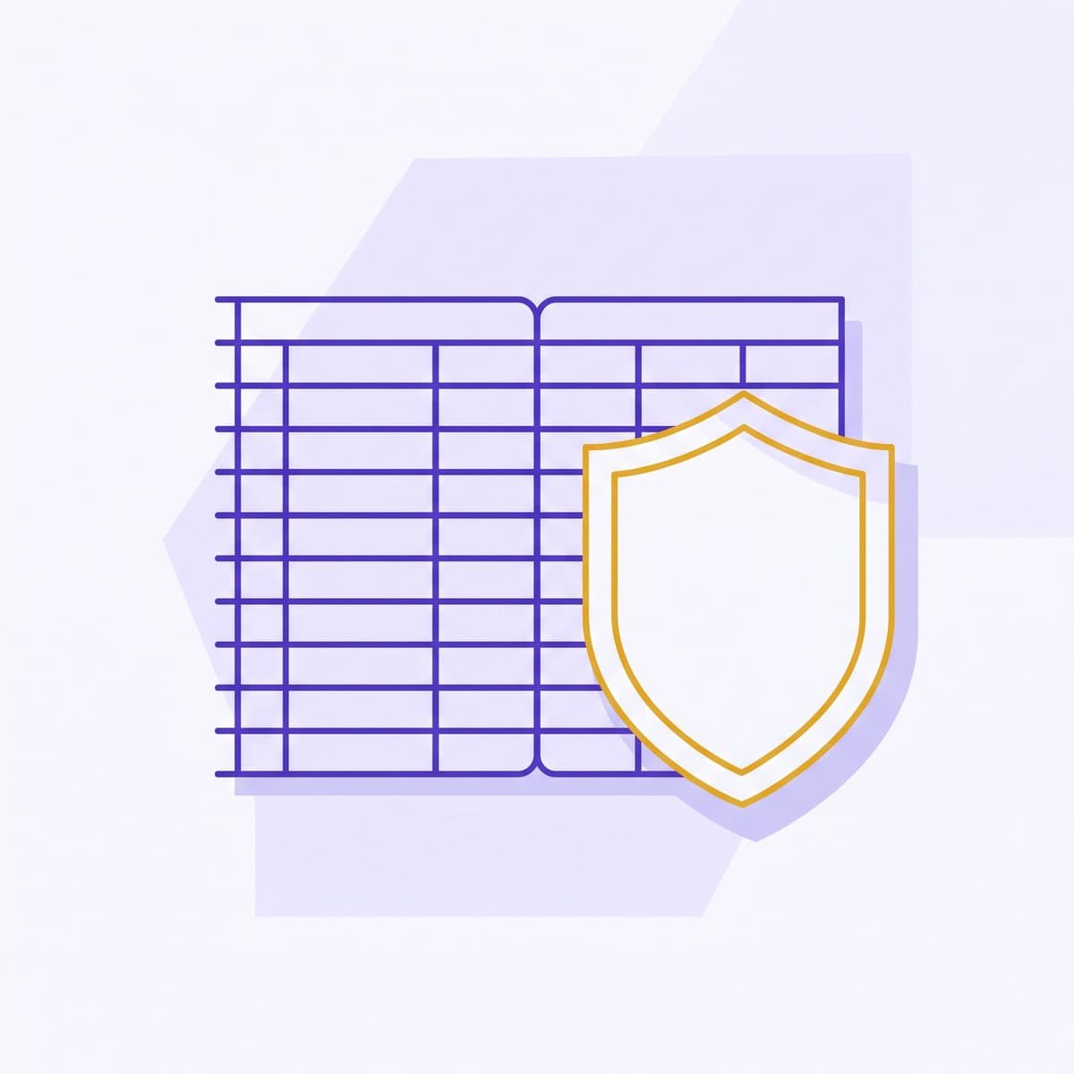 Abstract regulated payment infrastructure motif: a gold shield outline overlapping a violet ledger grid
