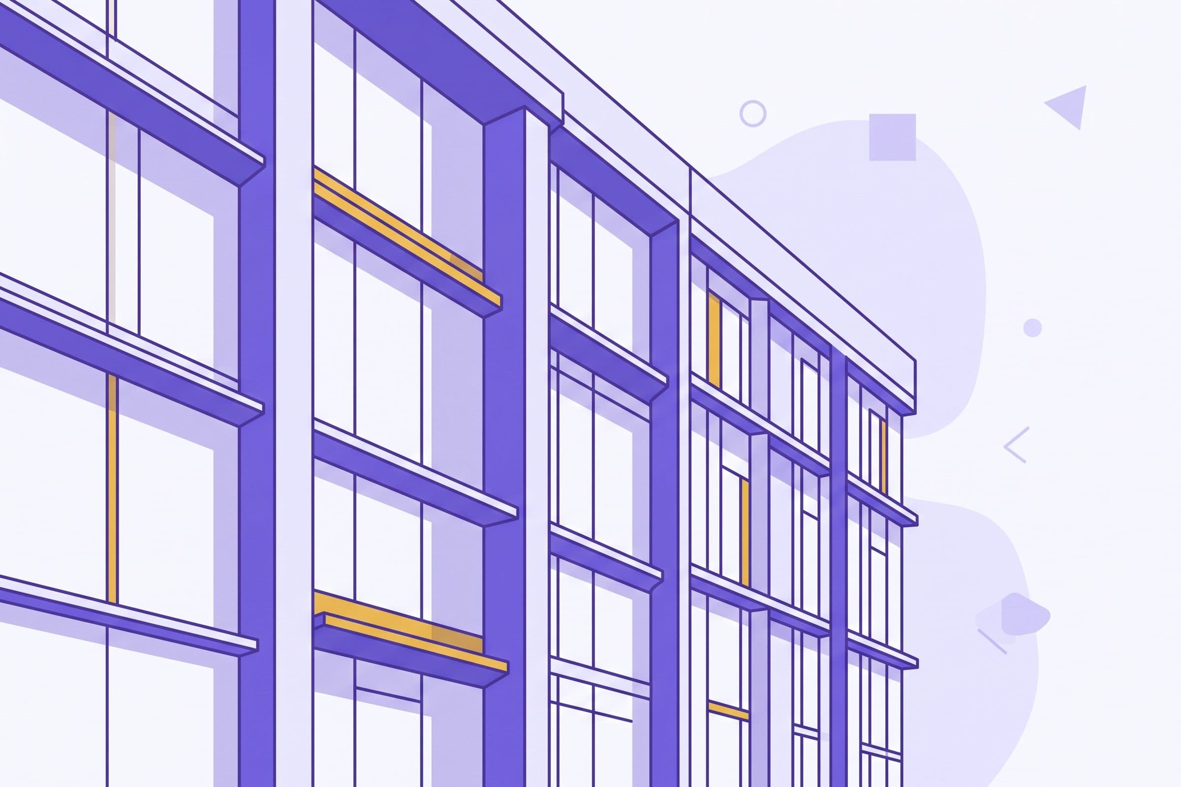 Modern institutional building facade in muted lavender and stone tones with a single warm gold light accent
