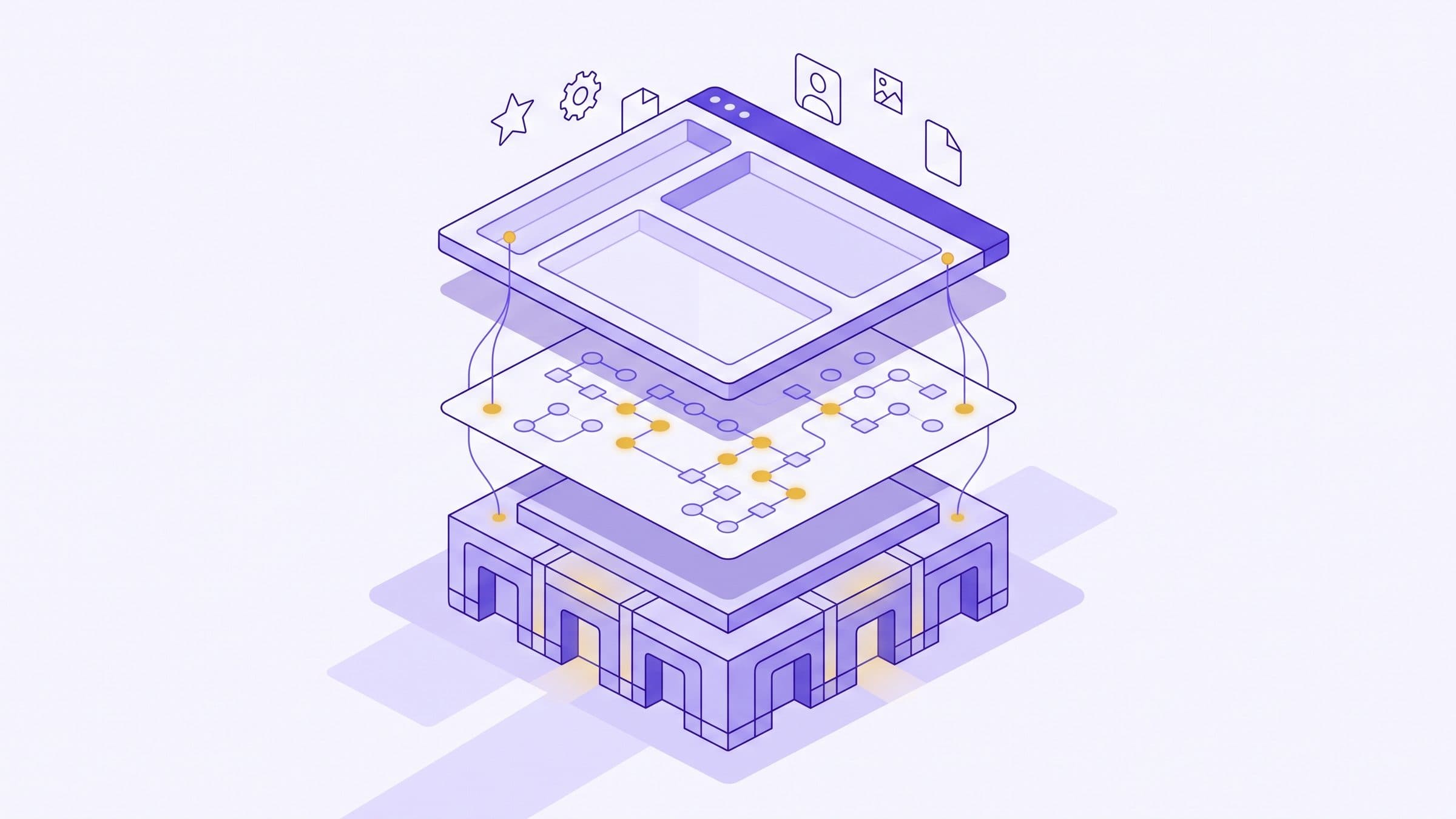 Three stacked translucent layers in violet and gold, showing a customer app above a financial infrastructure layer above a regulated institution