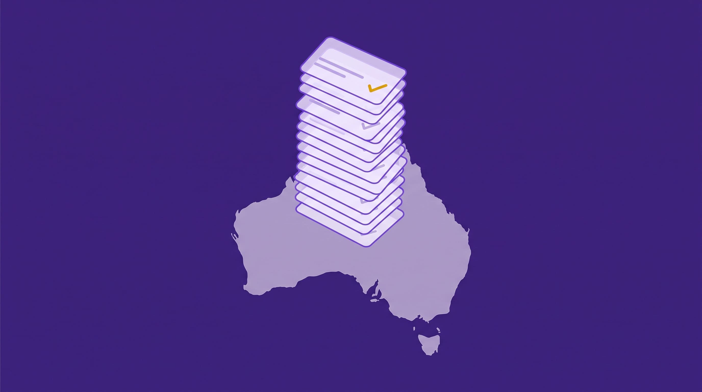 A stack of translucent record cards, marked with a single gold checkmark on top, floating above a violet silhouette of Australia.