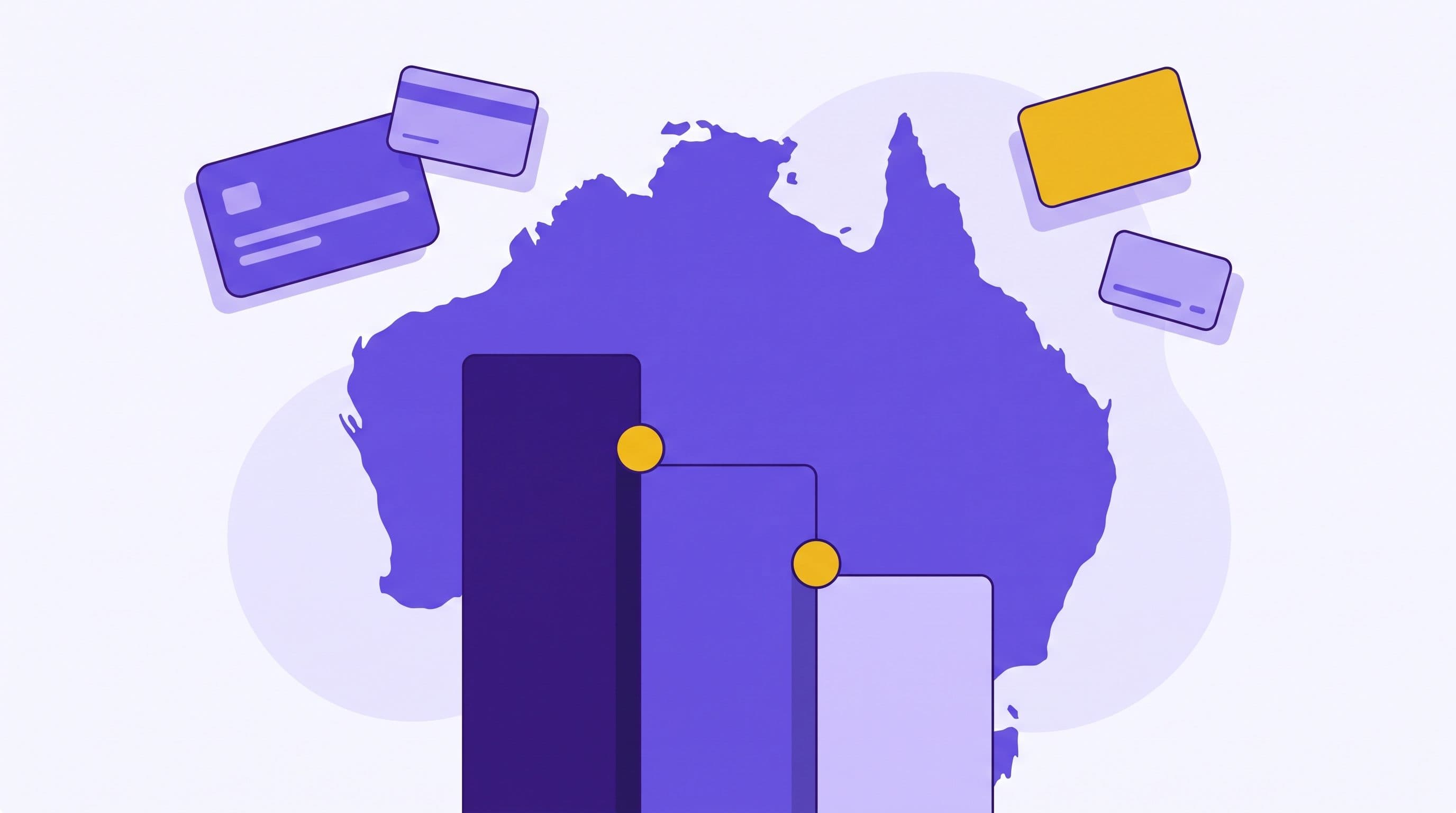 Merchant fees in Australia: a descending stepped rate diagram with two gold milestone markers over a bold violet silhouette of Australia, beside abstract payment card shapes