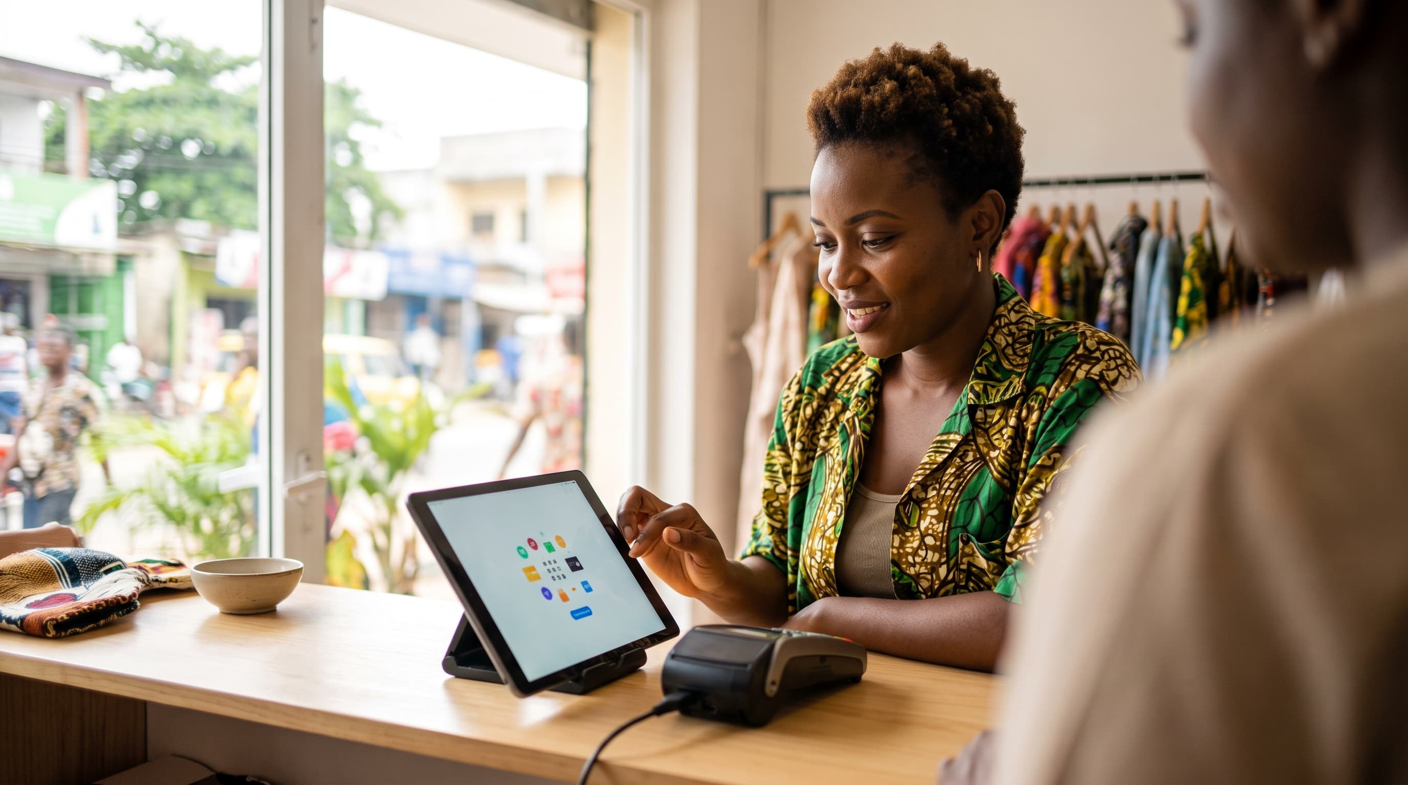 A shop owner in Abidjan, Côte d'Ivoire completing an online payment on a tablet, checkout screen showing mobile-money and card options