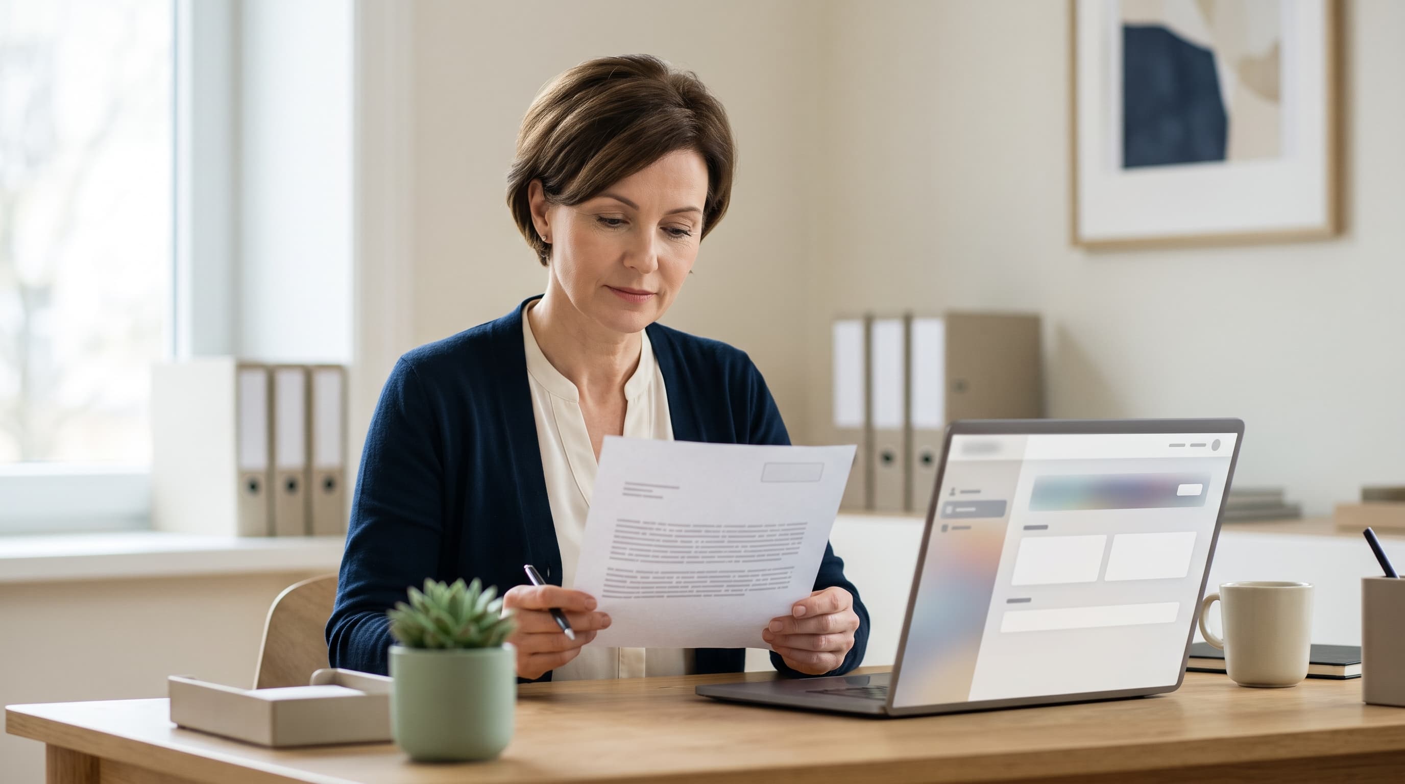 A UK small-business owner reviewing a declined bank account letter at a desk, laptop showing a banking dashboard