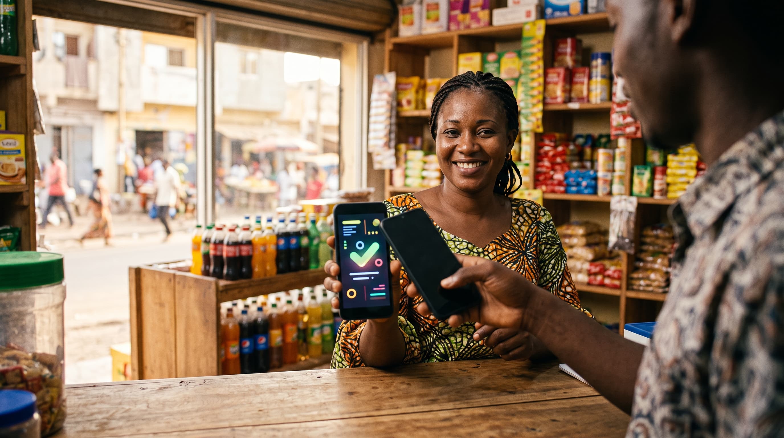 A West African shop owner completing a mobile money payment on a smartphone across a storefront counter in Dakar