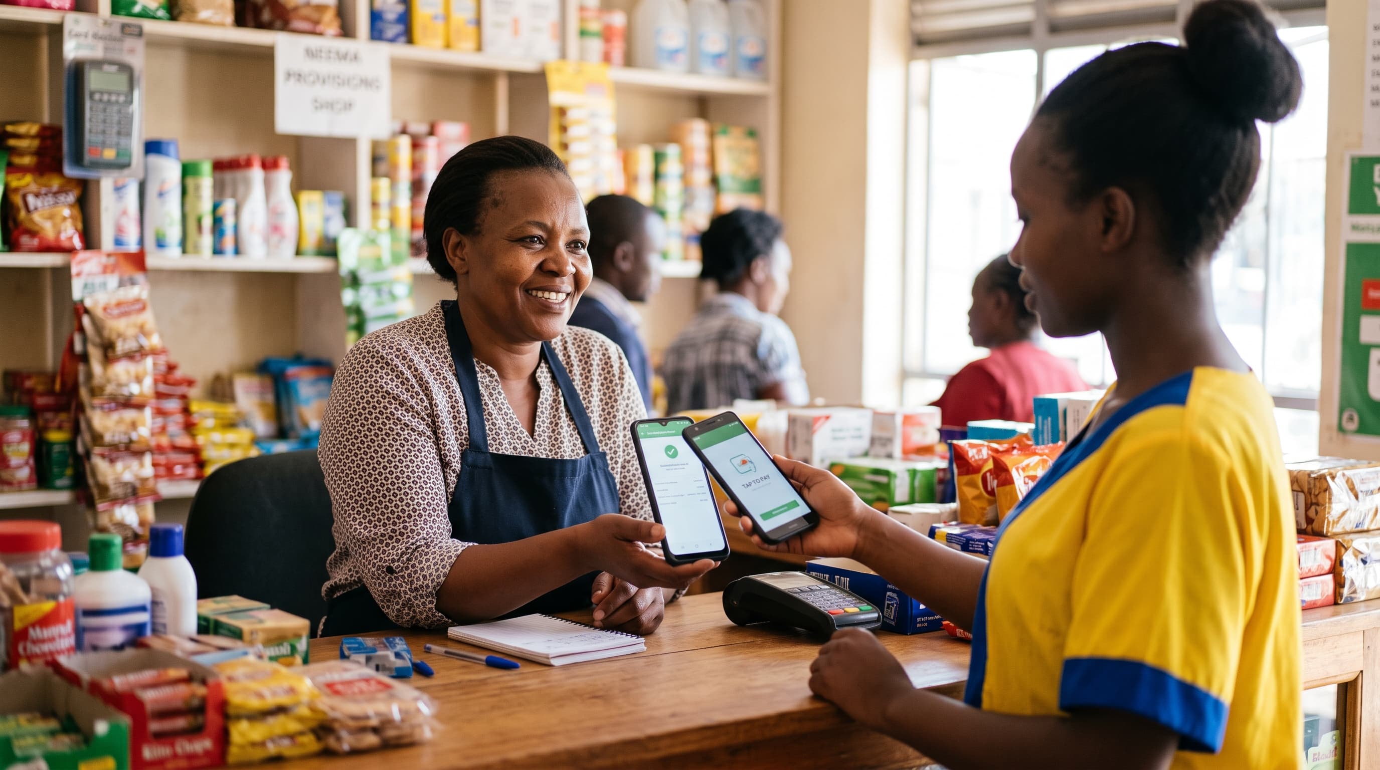 A Kenyan shop merchant and customer completing a mobile phone payment at a small retail counter in Nairobi