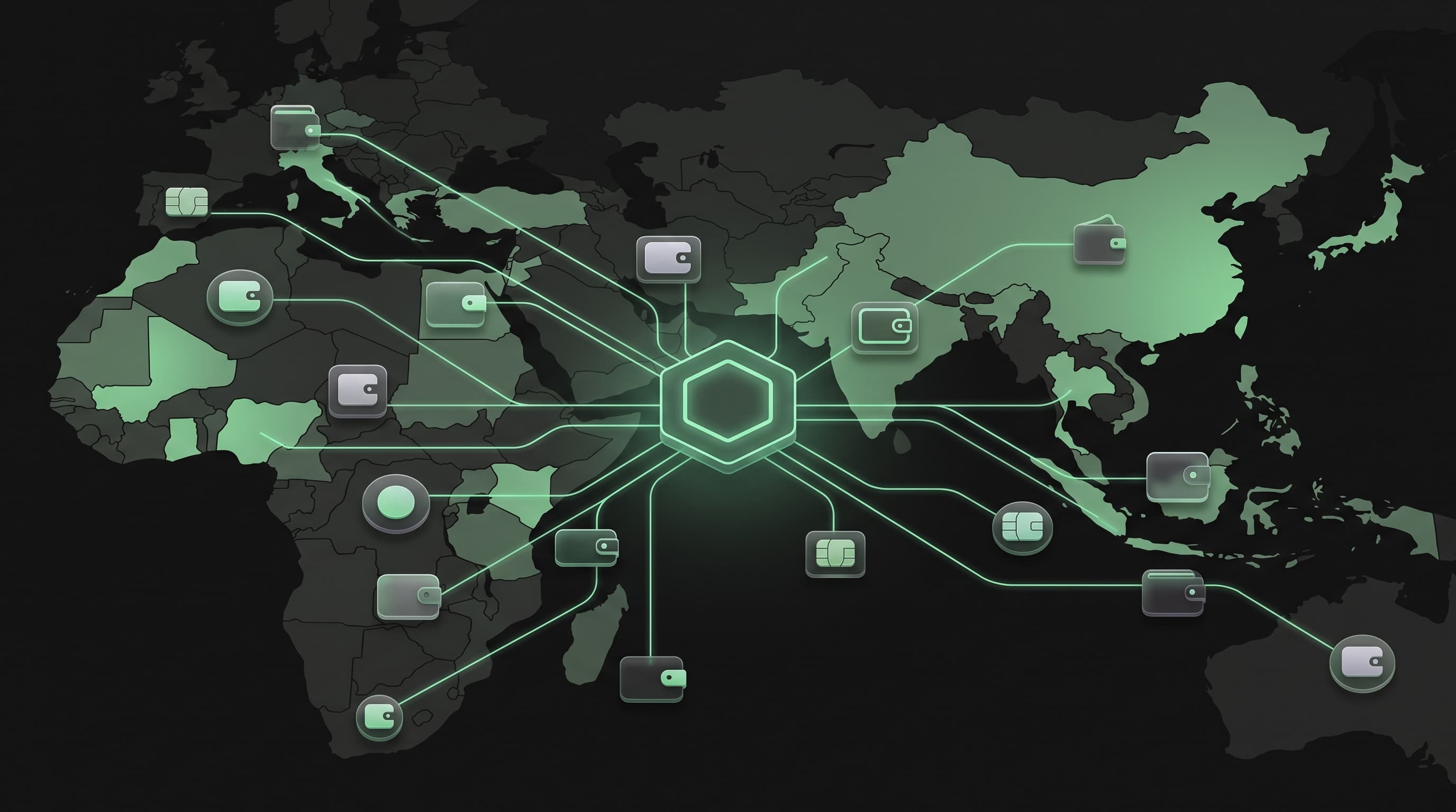 Mobile-money wallet icons across an abstract Africa and Asia map converging into one glowing API hub