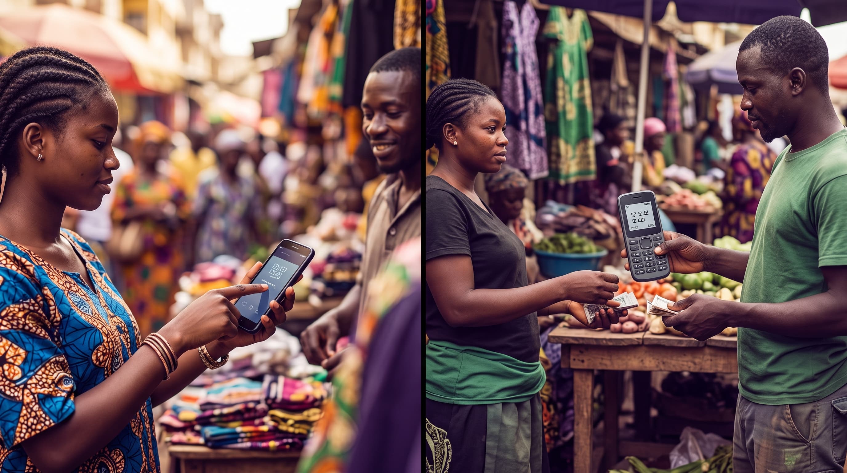 A West African market street with one shopper paying by mobile app and another paying on a feature phone by USSD