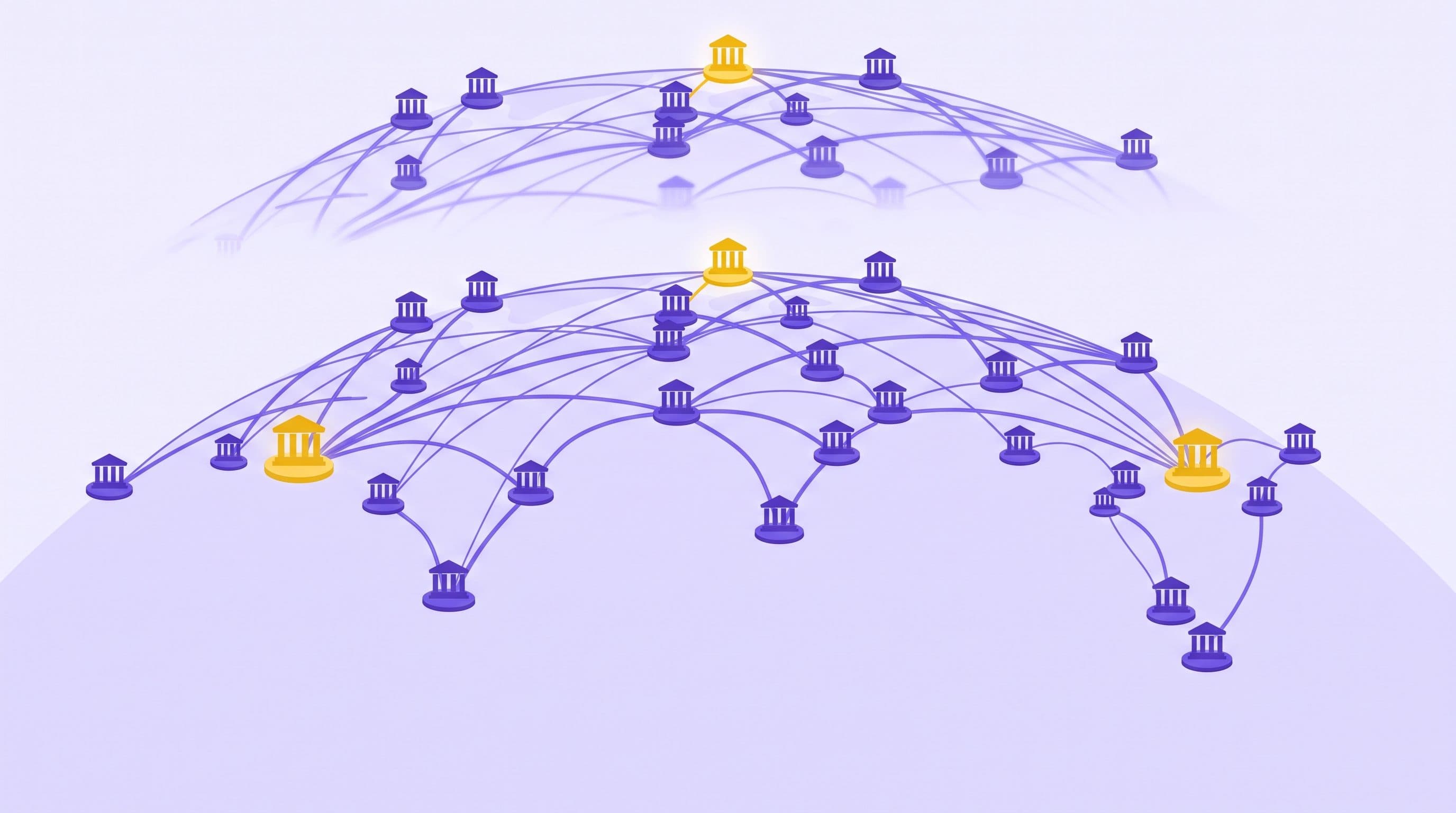 An abstract arc of connected institutional nodes with data ribbons travelling between them, three nodes lit in gold, representing one transfer-information rule implemented unevenly across jurisdictions