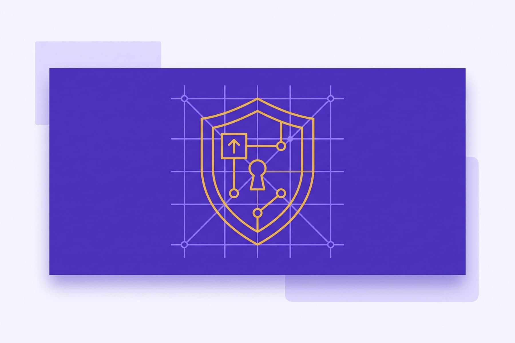 Abstract compliance motif, gold geometric shield outline overlapping a fine violet grid on a deep violet band