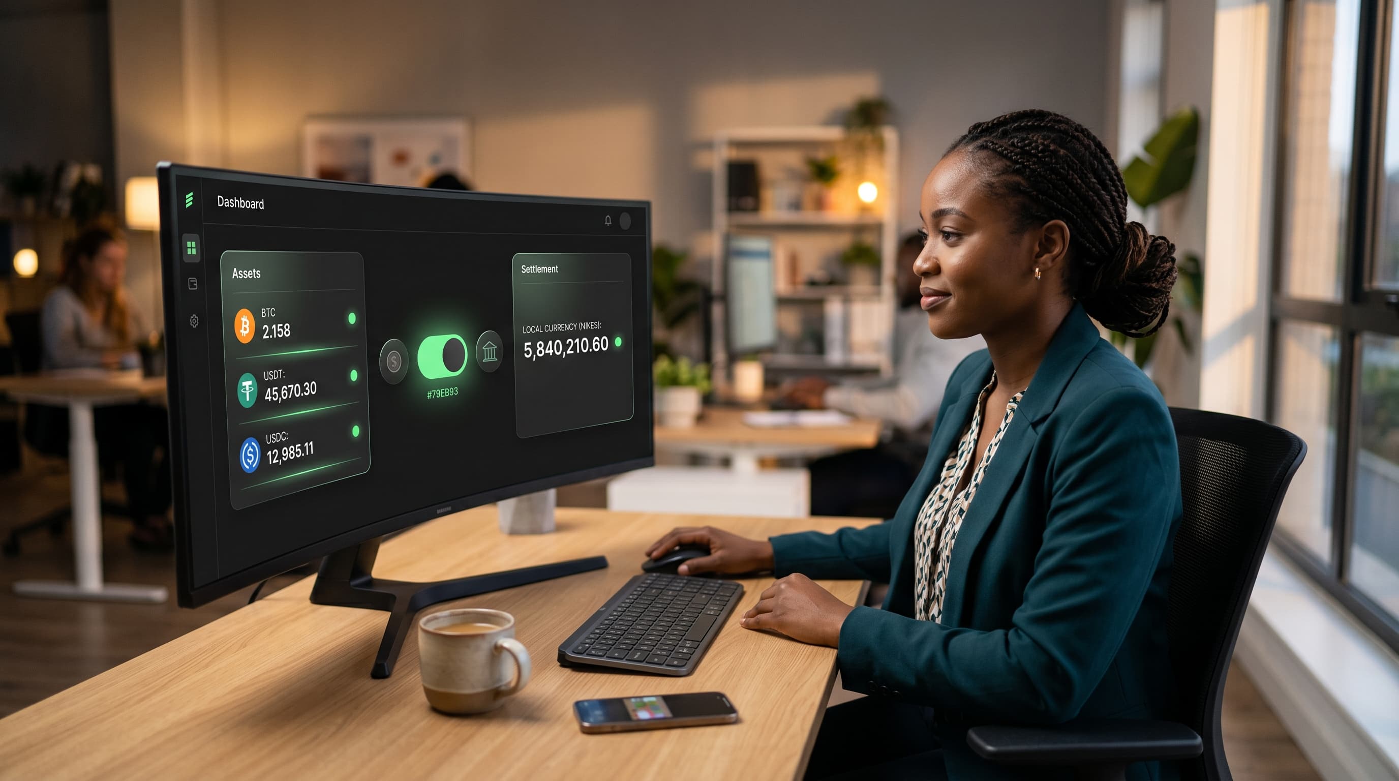 Business operator reviewing a crypto and fiat settlement dashboard on a dark payments UI