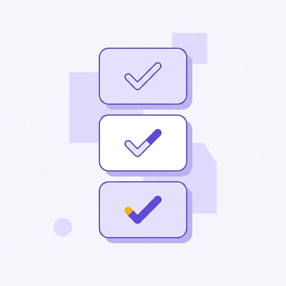 Flat violet illustration of a seller verification flow, three stacked cards with checkmarks progressing from outline to filled