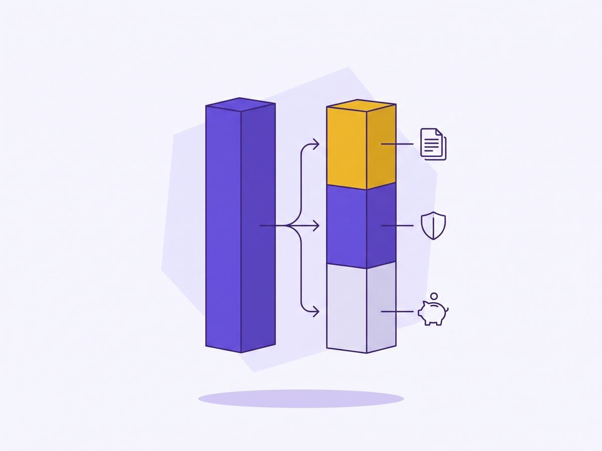 Flat violet stacked-bar illustration of one payment amount dividing into commission, seller share and tax segments