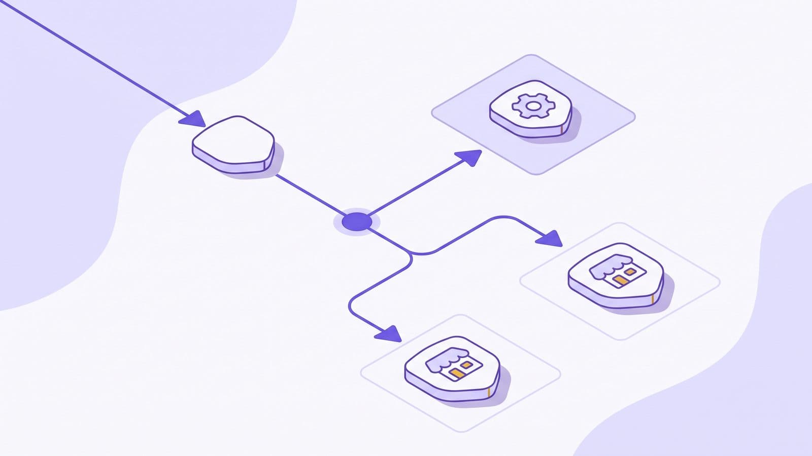 Flat violet diagram of a single payment splitting into three streams, one to a platform node and two to seller nodes