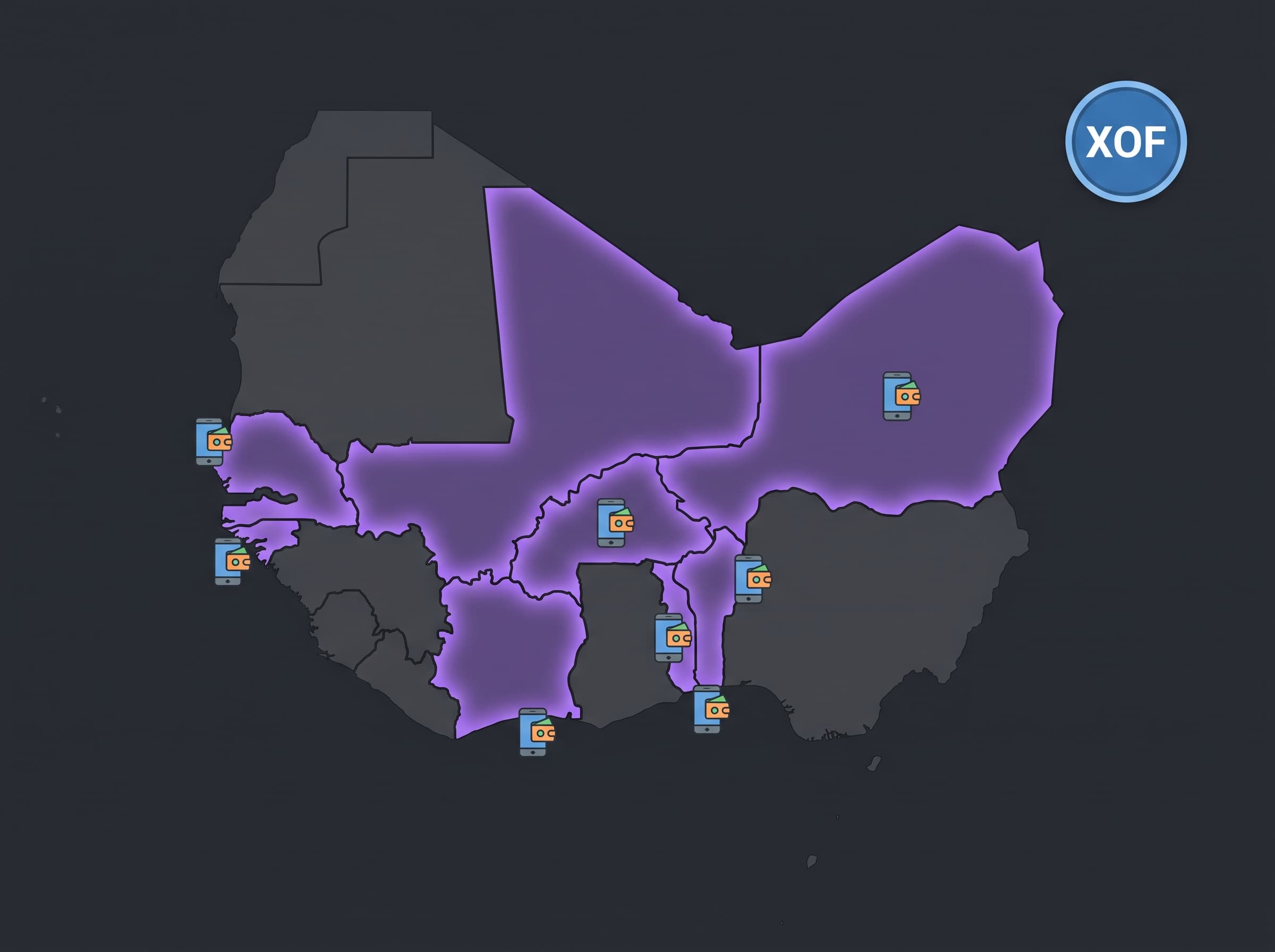 Grid of generic mobile-money, card and bank-transfer tiles for West Africa converging into a single API endpoint on a dark fintech background.
