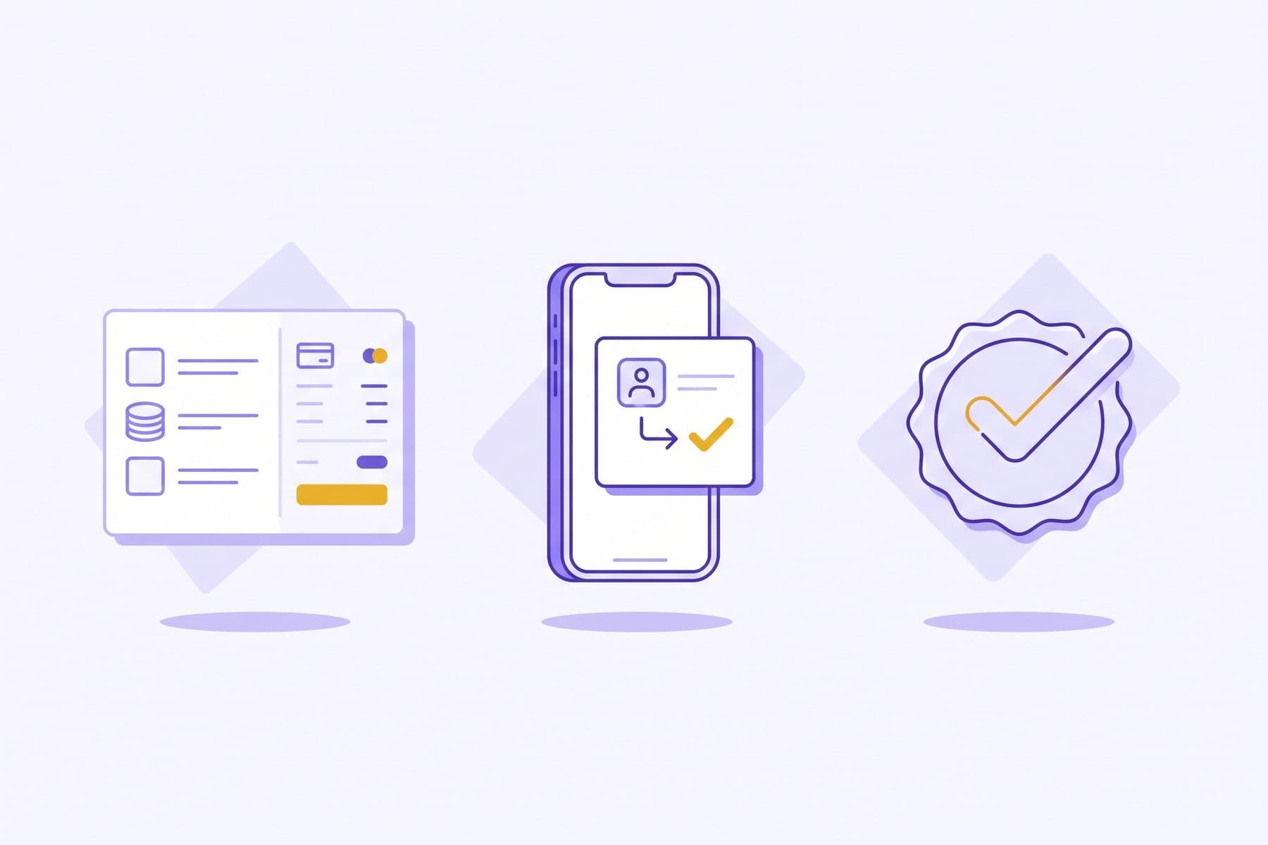 Three-step flat vector illustration of a checkout summary panel, a phone showing an identity card with an approval arrow, and a certified checkmark seal, in violet with gold accents.