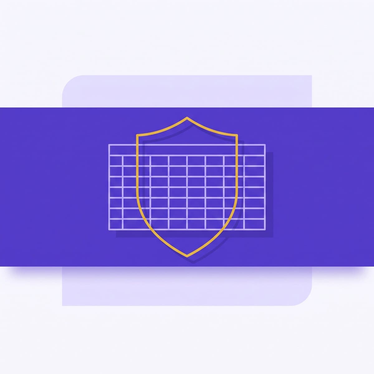 Abstract flat vector composition of a gold shield outline over a stylised ledger grid on a deep violet band.
