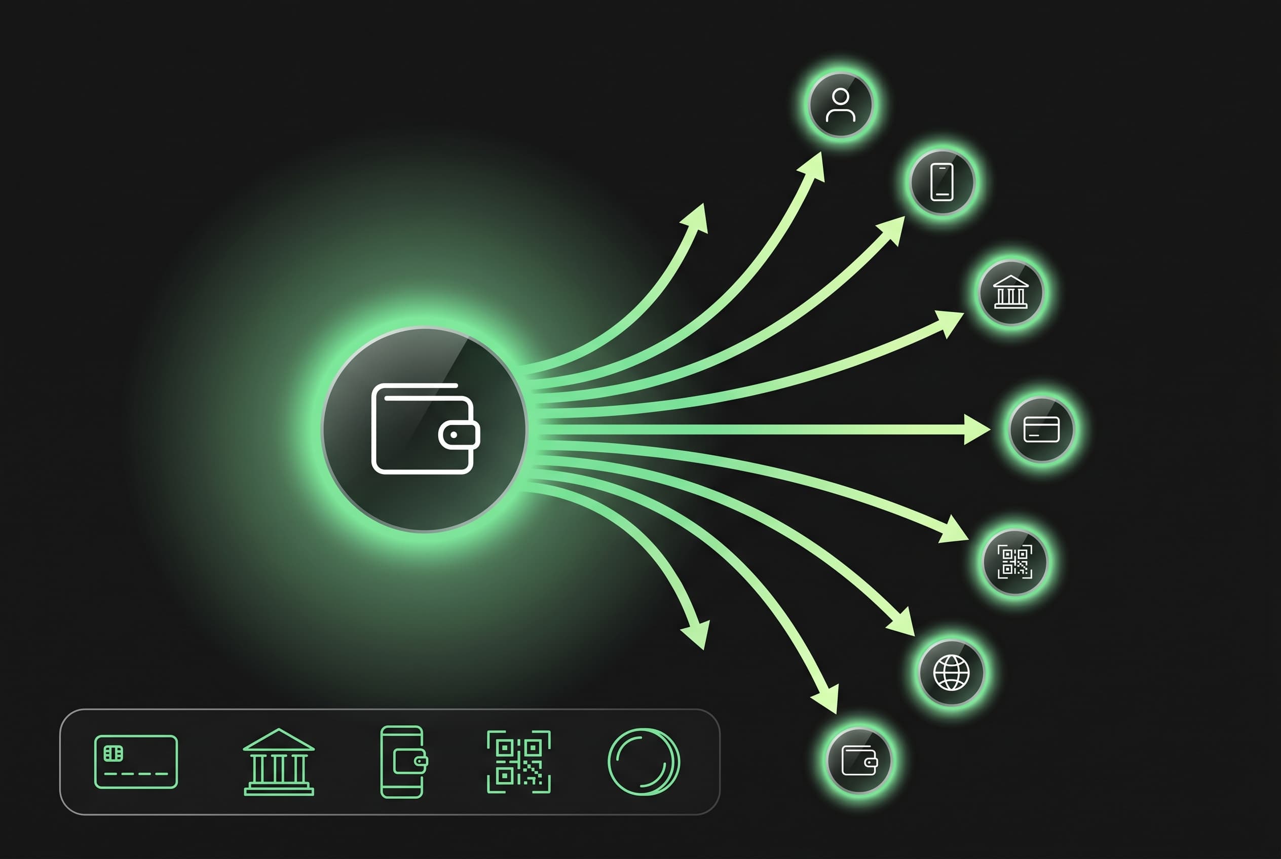 Diagrama de dispersión en abanico con íconos de métodos de pago en el verde de Boldrails