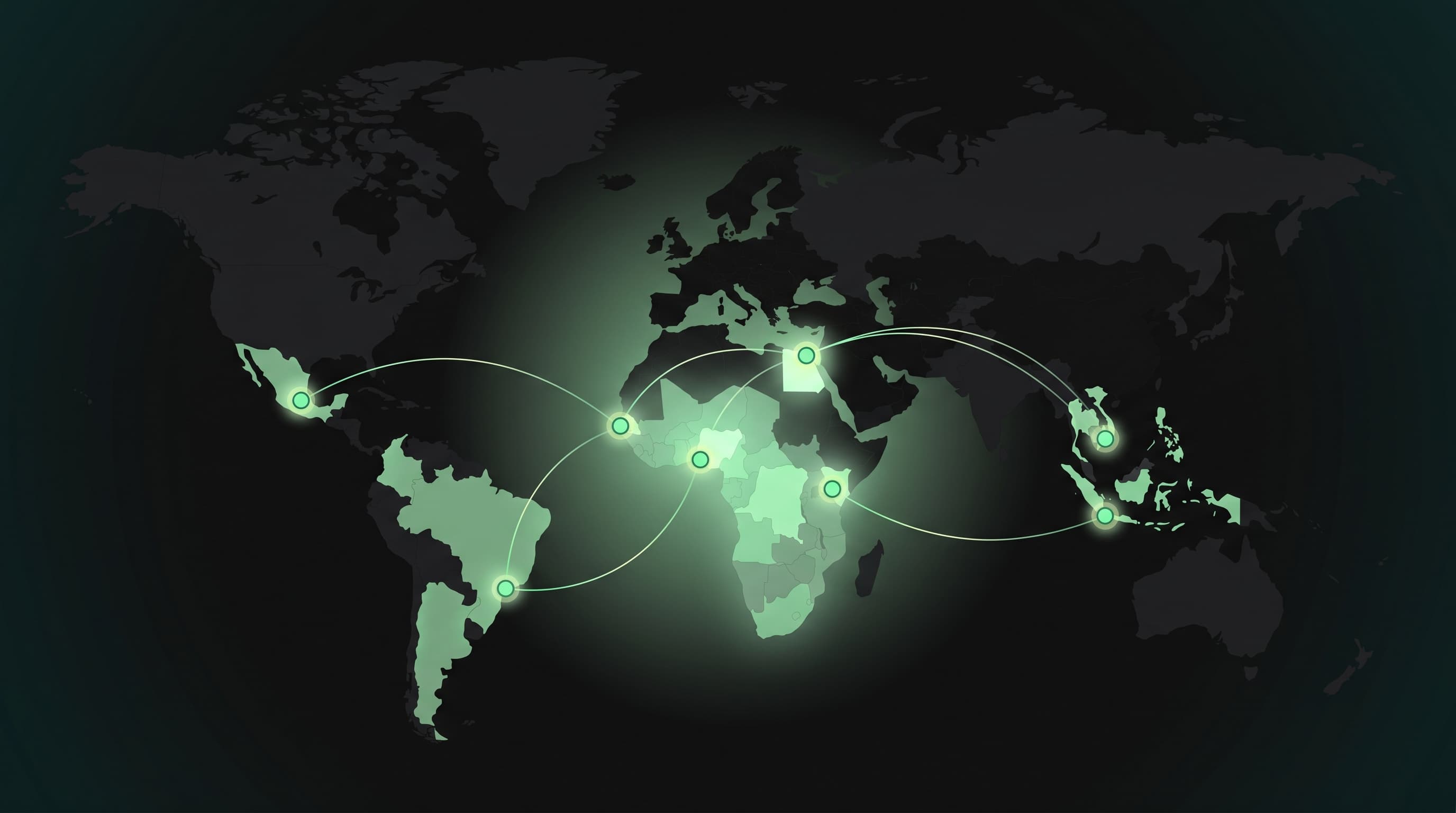 Mapa abstracto de América Latina, África, el Sudeste Asiático y Medio Oriente conectado por nodos de pago verdes