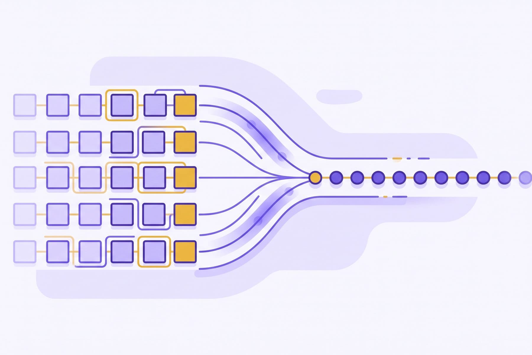 Abstract illustration of payment traffic moving from an older batch lane to a faster real-time lane, in violet and gold brand tones