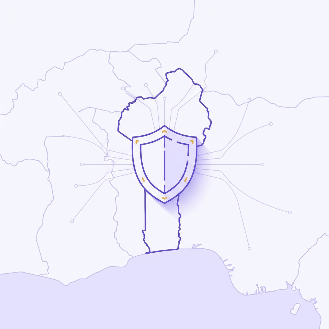 Compliance shield motif over an outline of Benin with payment network lines across West Africa