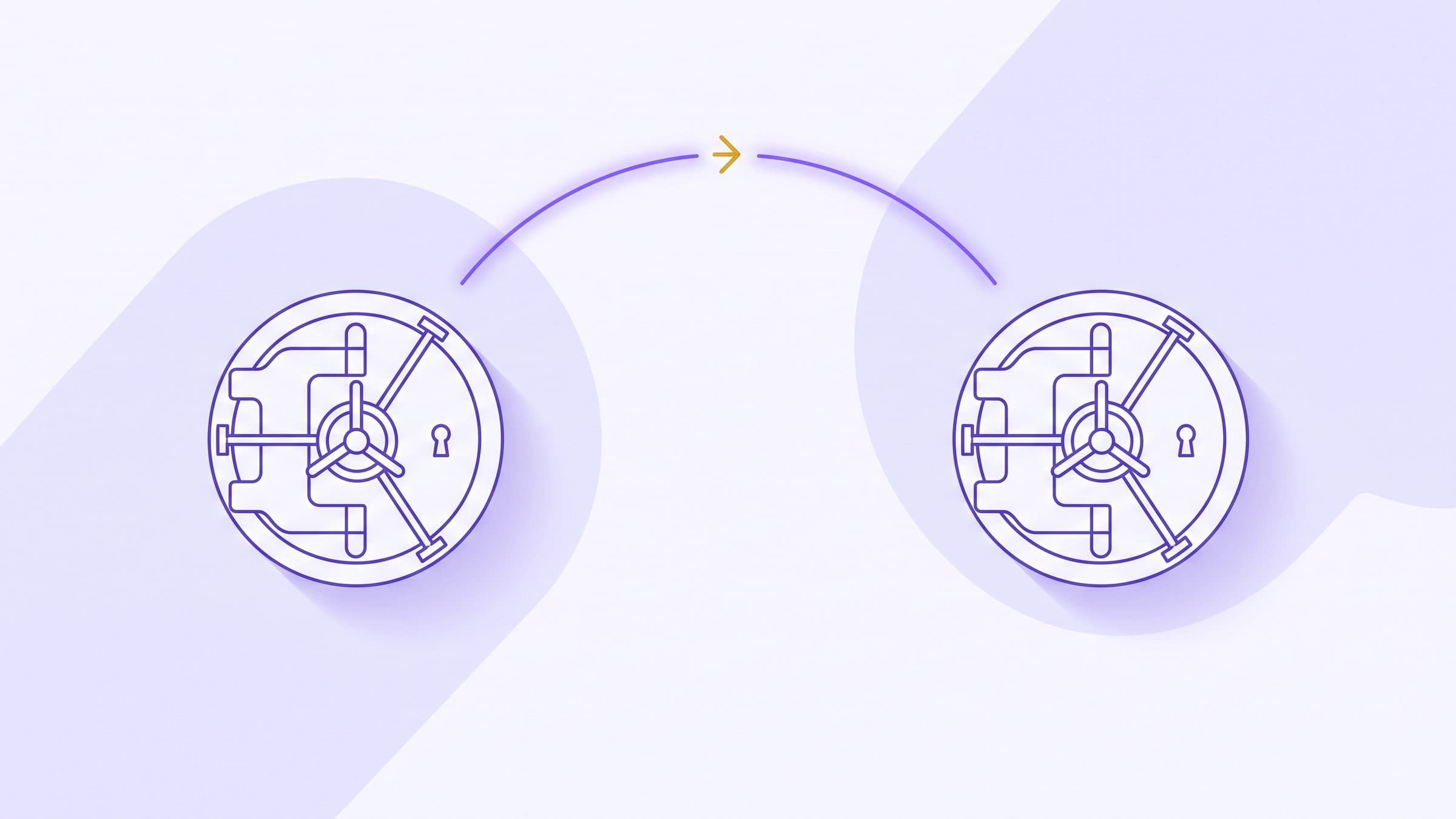Two separated secure vault forms joined by a single glowing instruction line that passes between them without entering either, in violet and gold brand tones