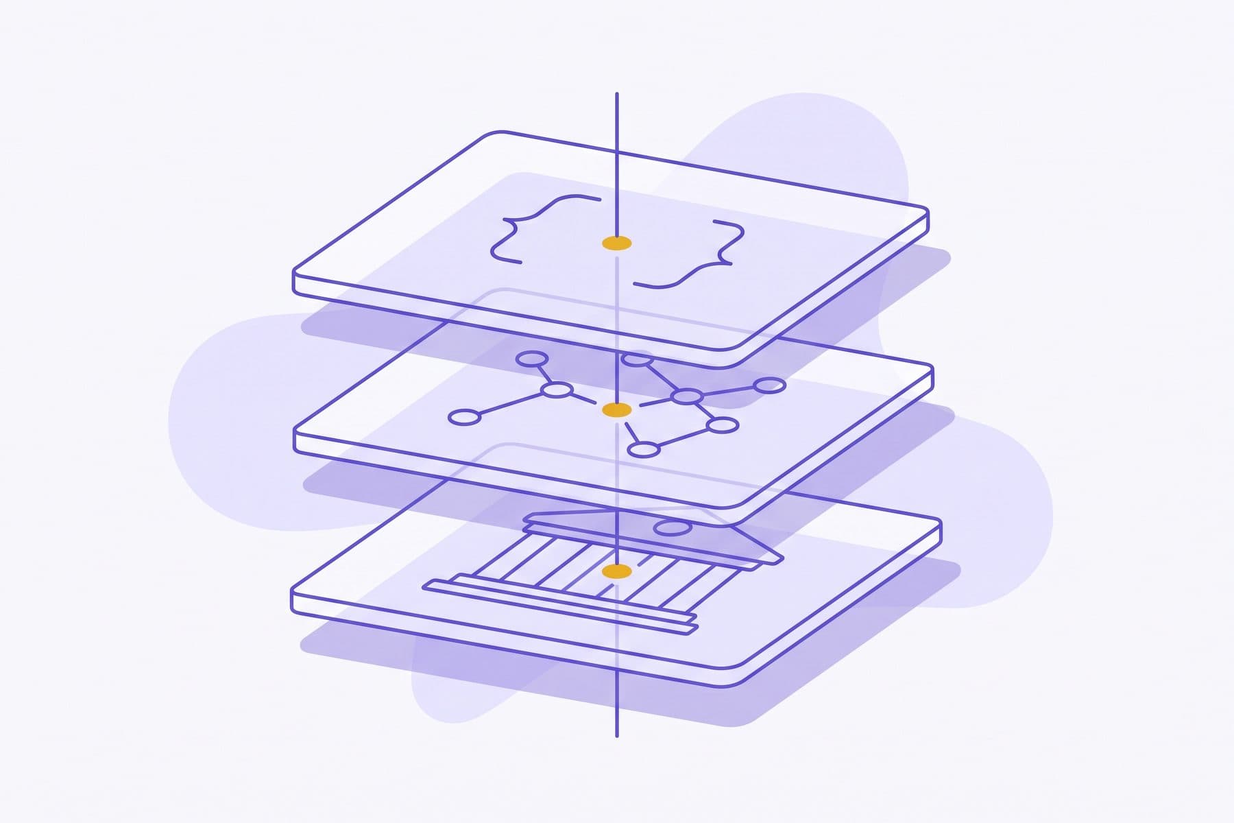 Developer at a bright desk reading API specification documentation beside an abstract layered data flow graphic, in violet and gold brand tones