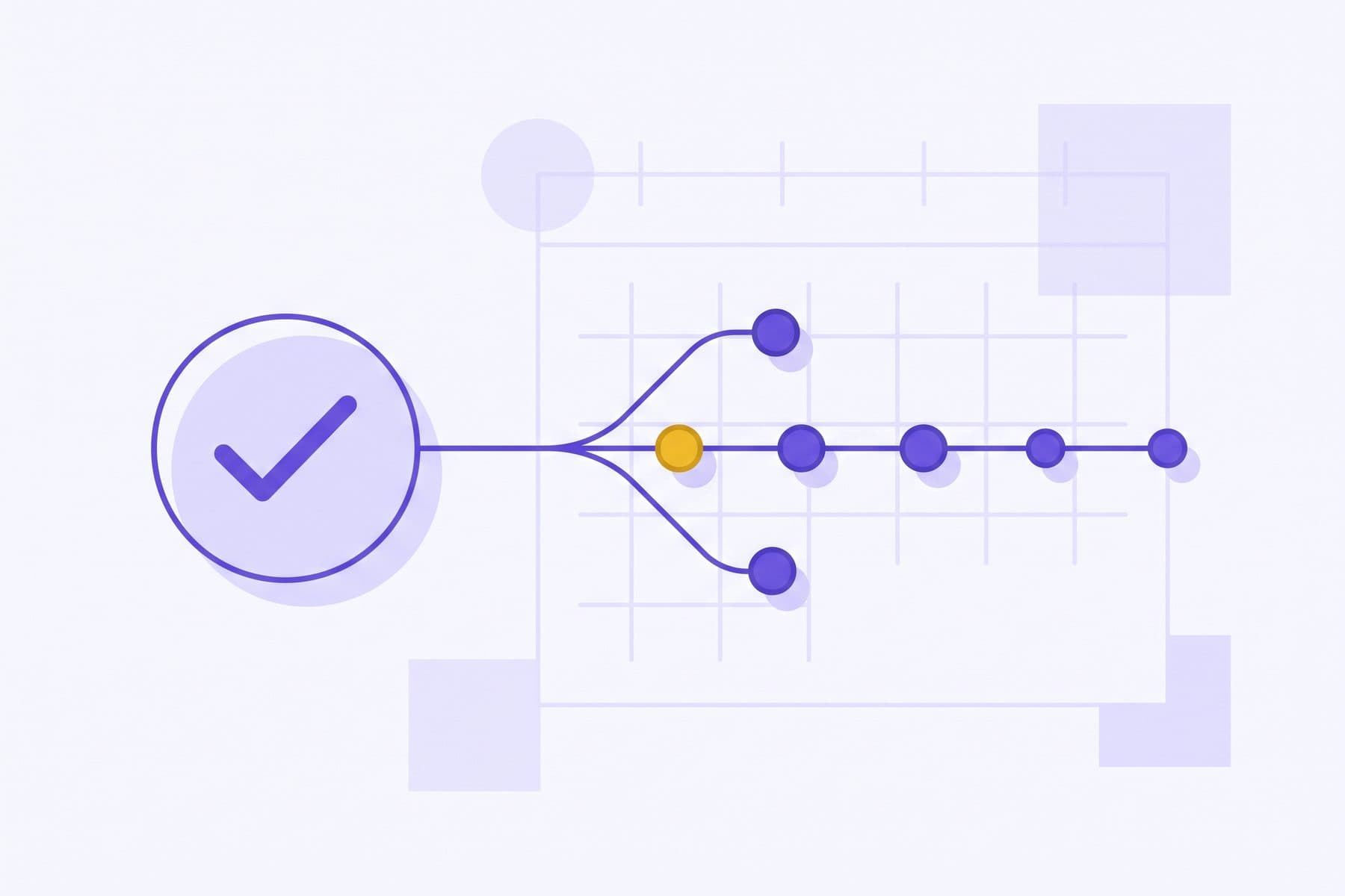 Small business owner at a laptop reviewing an abstract recurring revenue dashboard with repeating scheduled markers, in violet and gold brand tones