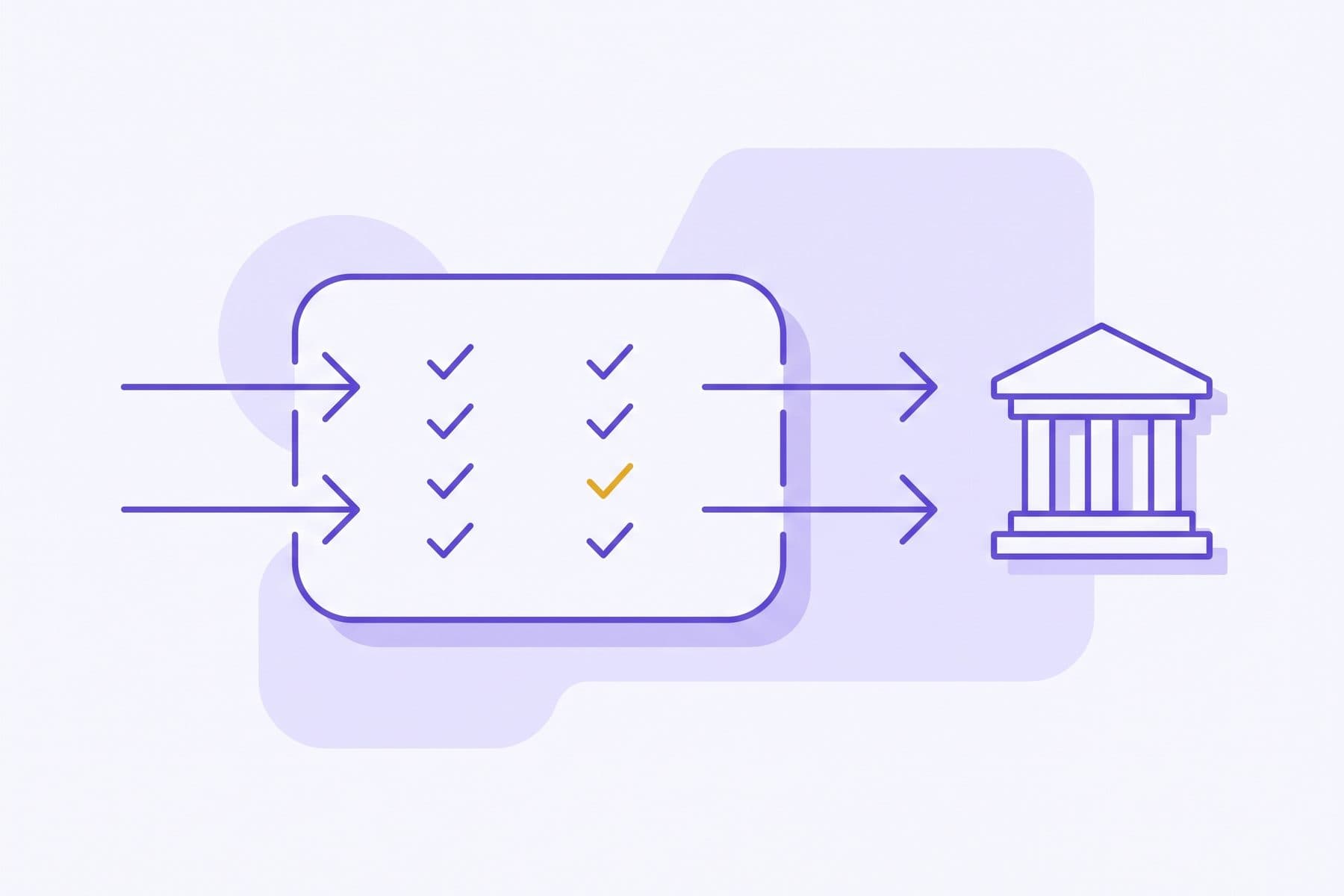 Finance operations professional reviewing an abstract settlement and reconciliation view with paired inbound and outbound flow markers, in violet and gold brand tones