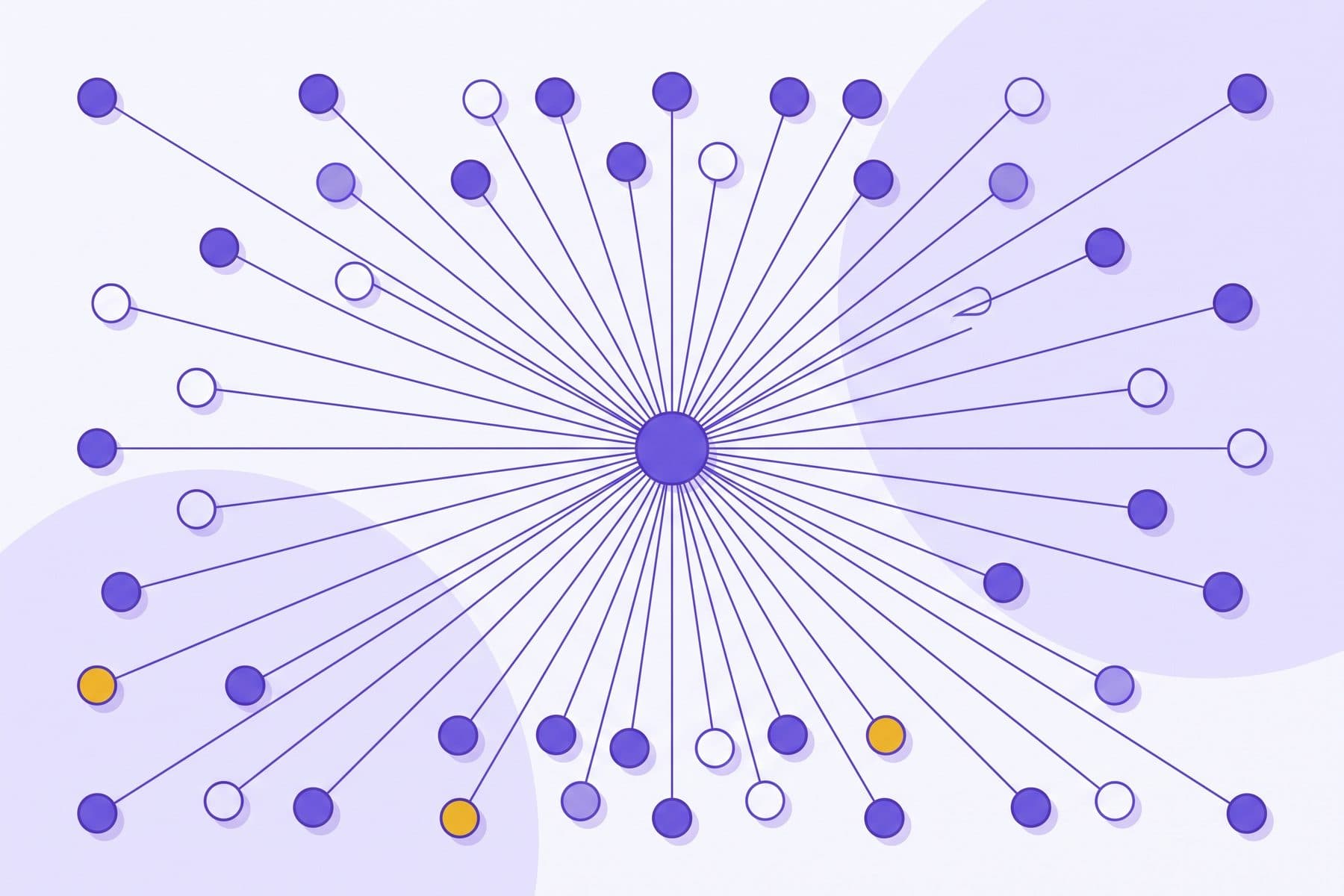Abstract one to many payout diagram, a single settlement node fanning out to many recipient nodes, flat vector in violet and gold