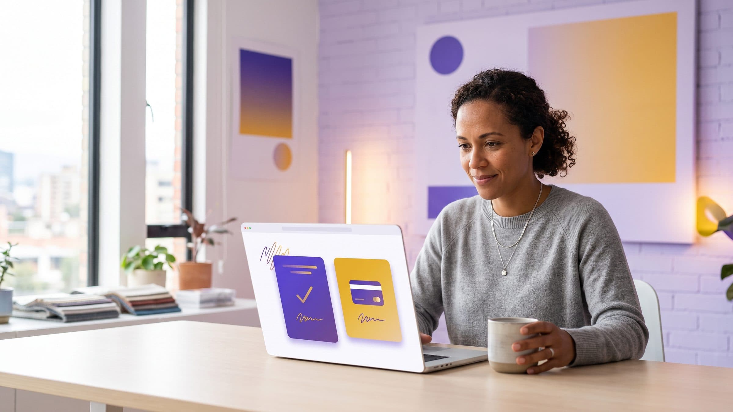 Illustrated Bogota workspace with a merchant reviewing a completed online payment confirmation, in violet and gold brand tones