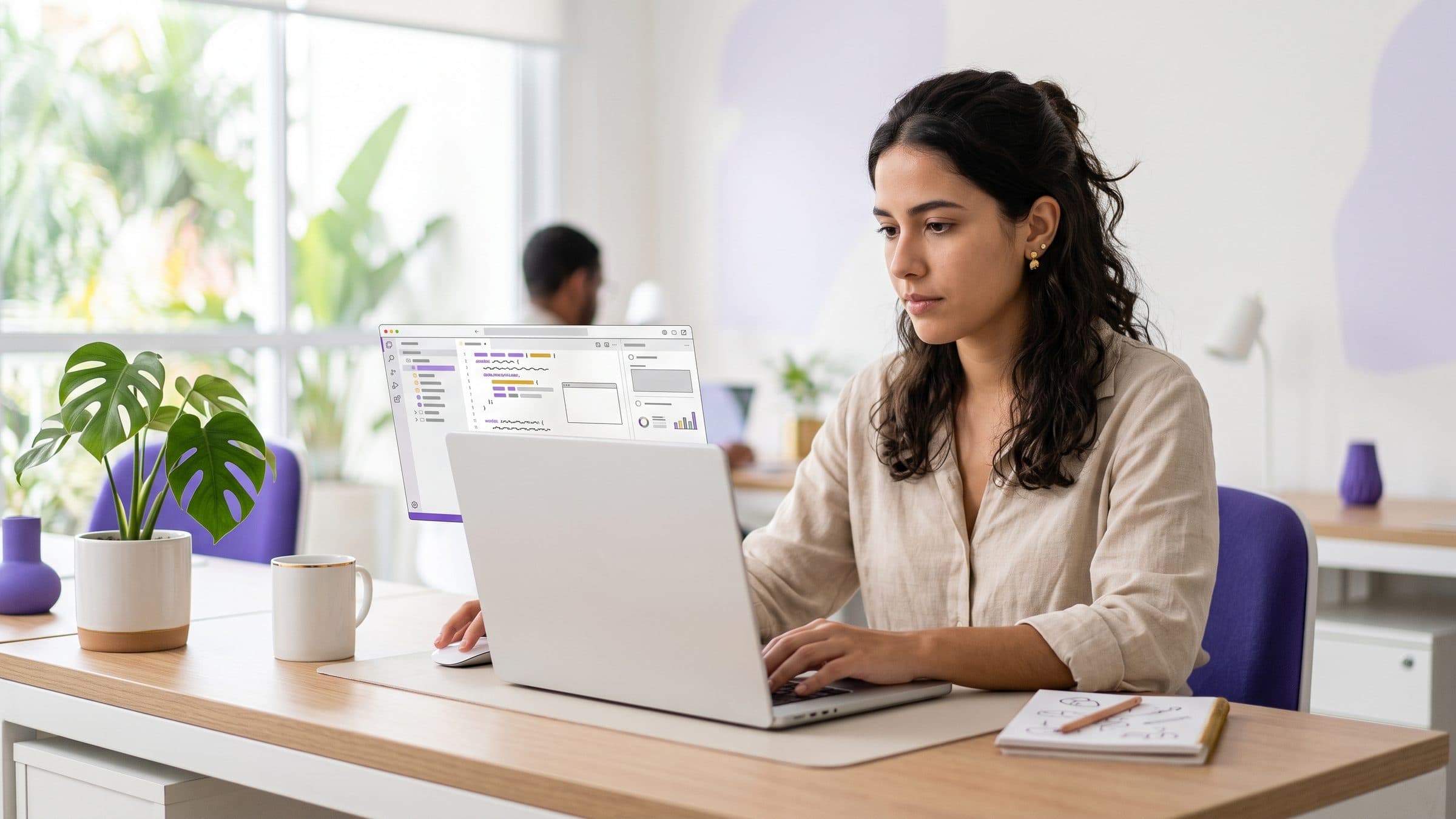 Developer integrating a payments API at a clean desk, abstract transaction status panels on screen, in violet and gold brand tones