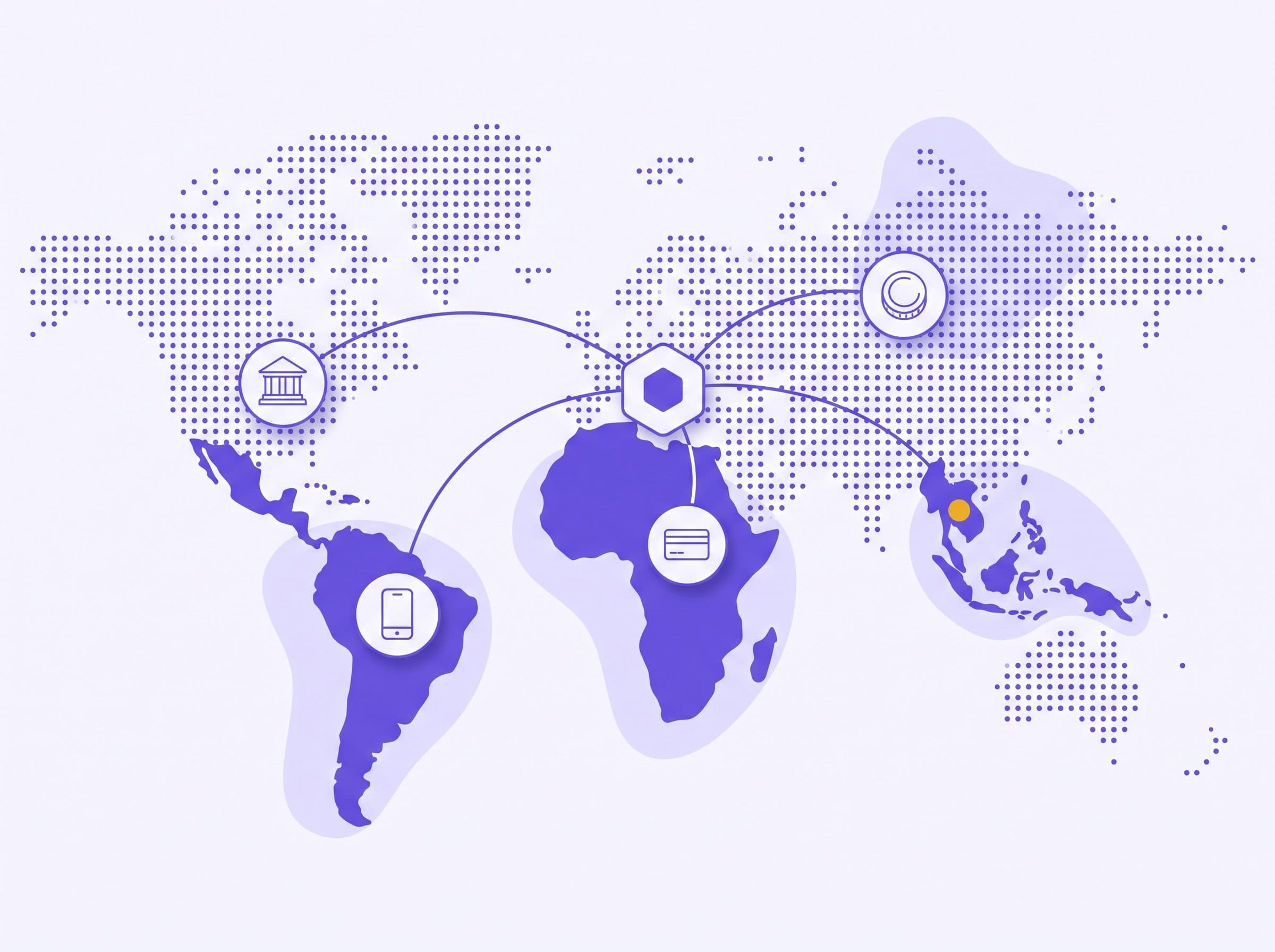 Dotted world map with Africa, Latin America and Southeast Asia highlighted, connected by curved lines from a central Boldrails hub to bank, mobile money, card and coin nodes
