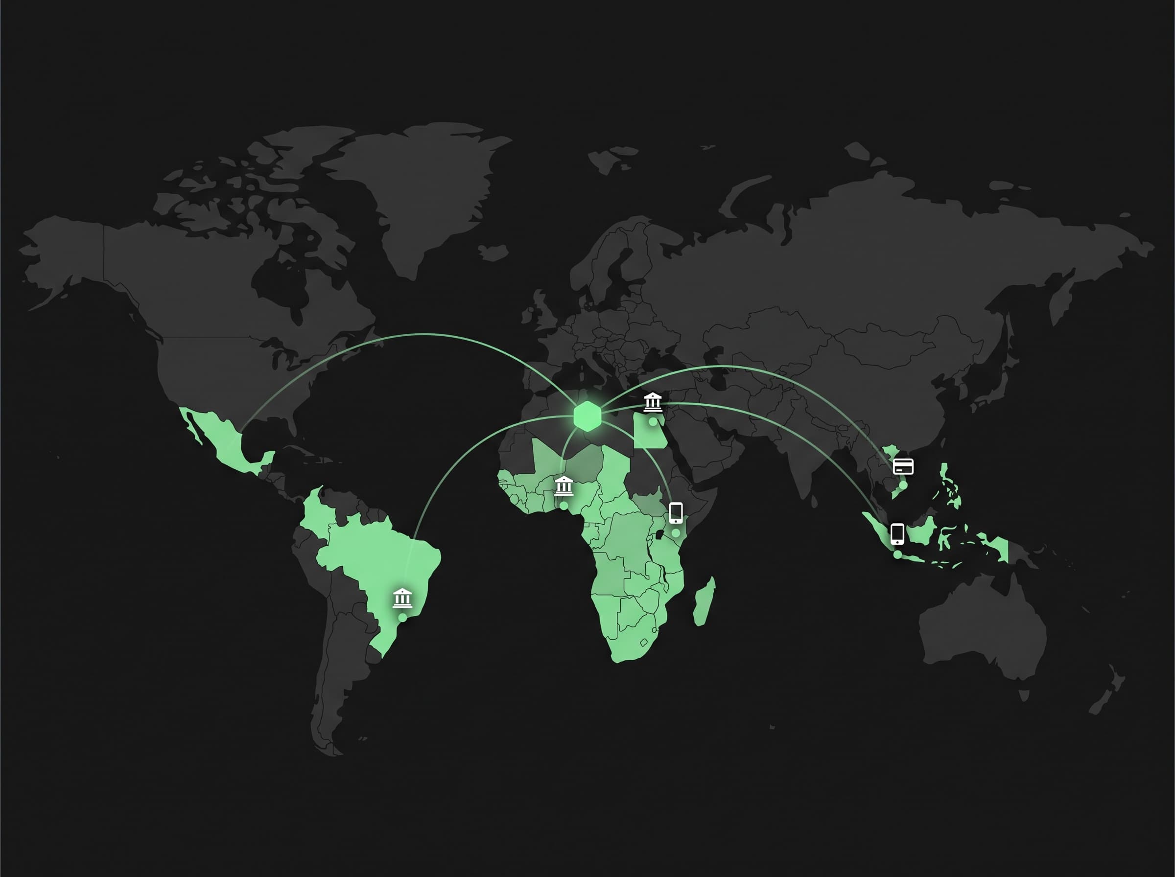 World map infographic showing Boldrails payout coverage across Africa, Latin America and Southeast Asia connected to a central API node