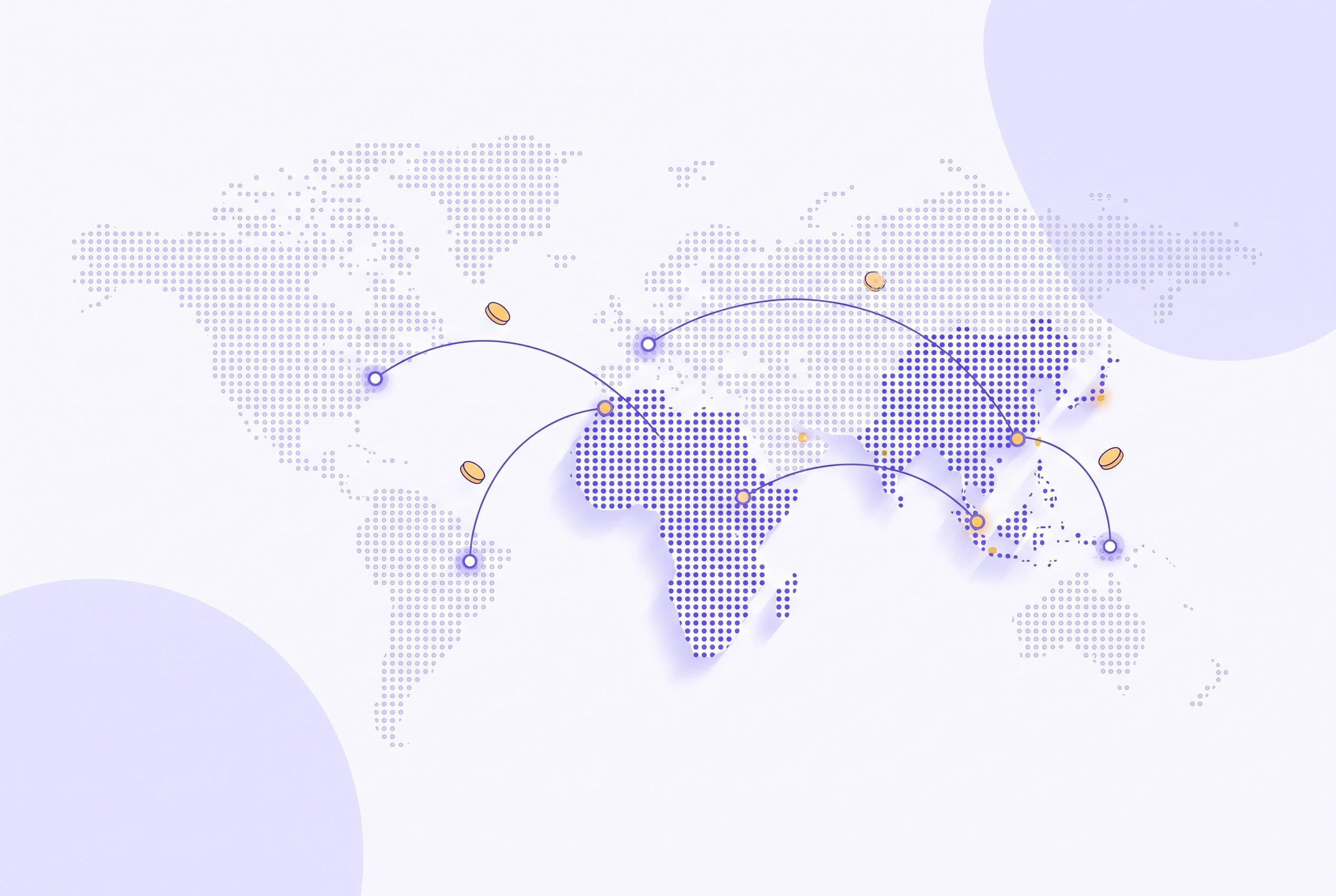 Map highlighting mobile money coverage across Africa and Southeast Asia with city nodes and currency markers
