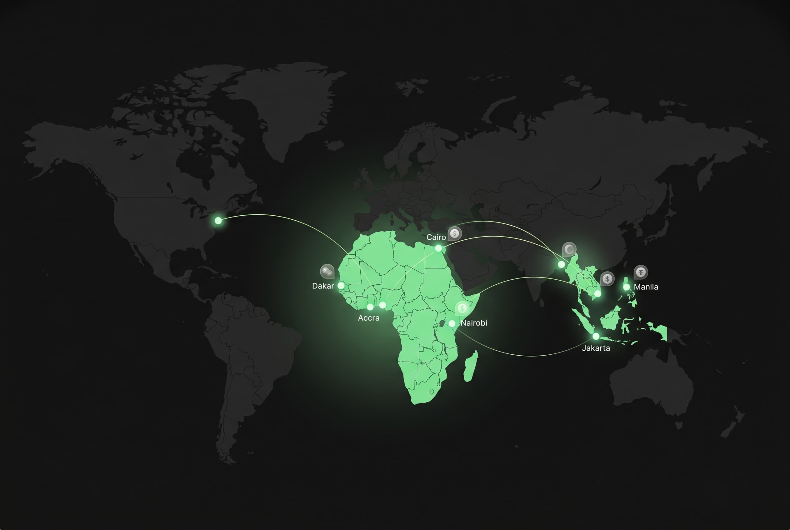 Map highlighting mobile money coverage across Africa and Southeast Asia with city nodes and currency markers