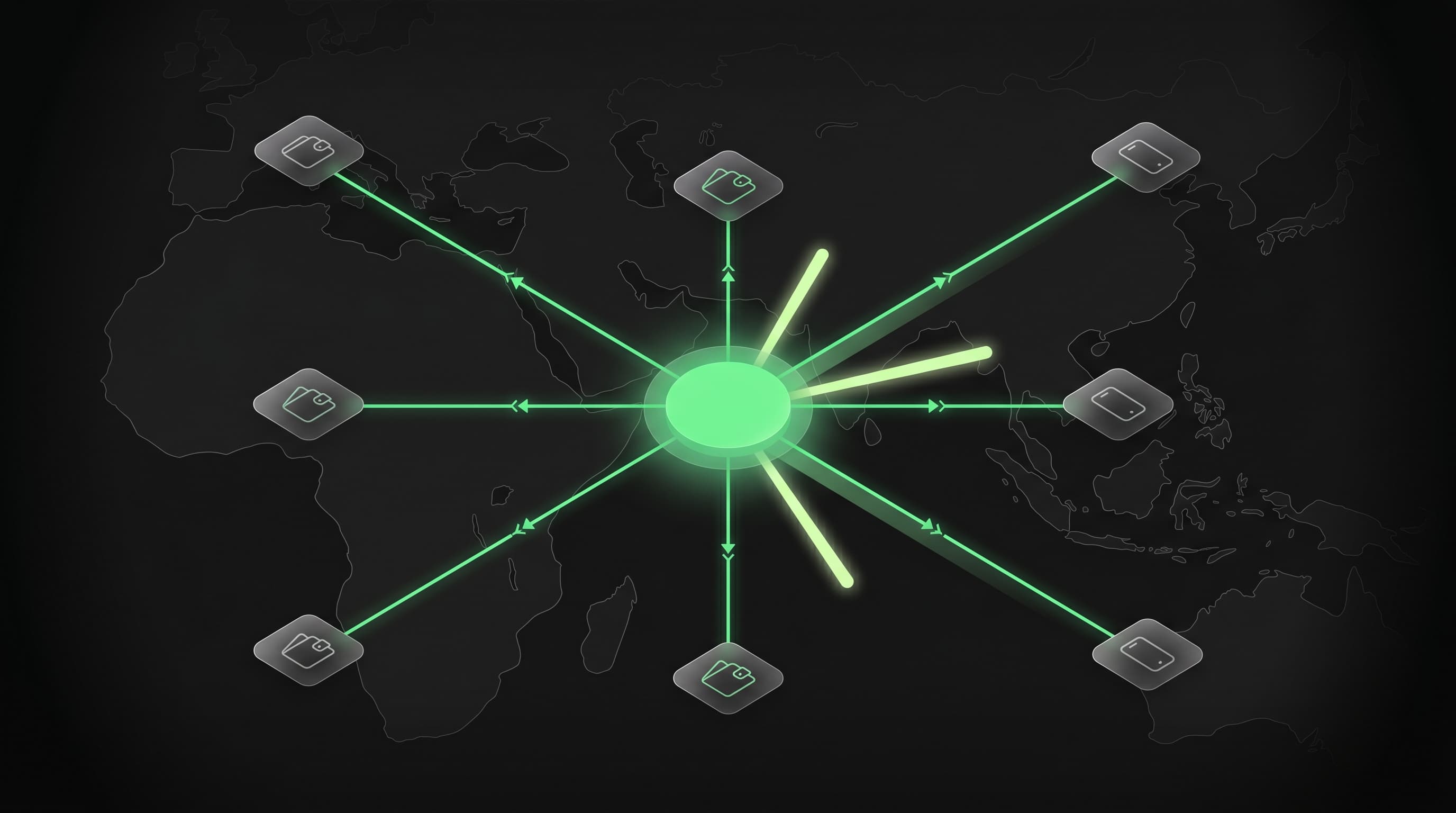 Diagram of a single API node connecting to multiple mobile money rails across Africa and Southeast Asia