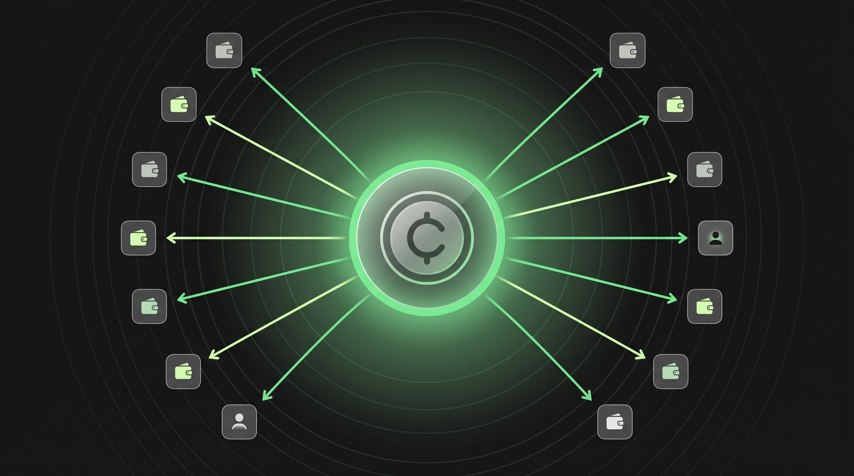 Bulk disbursement diagram showing a central balance node fanning out payments to multiple recipient wallets