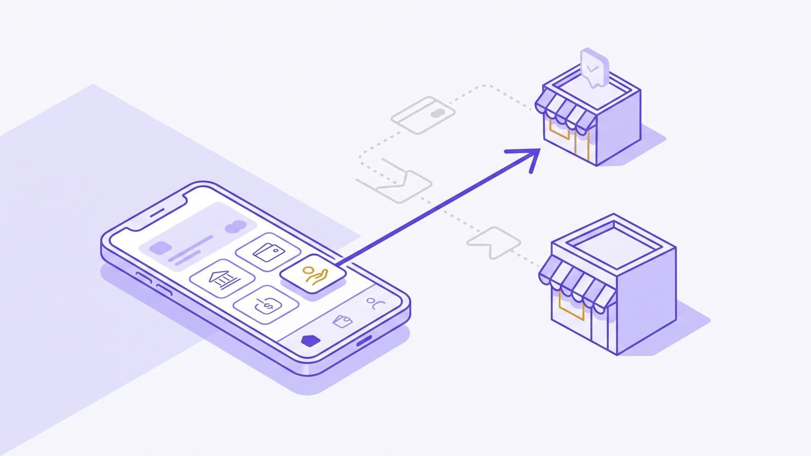 A smartphone banking app sending a payment directly to a merchant along one clean arrow, with the card-network path shown greyed out and bypassed.