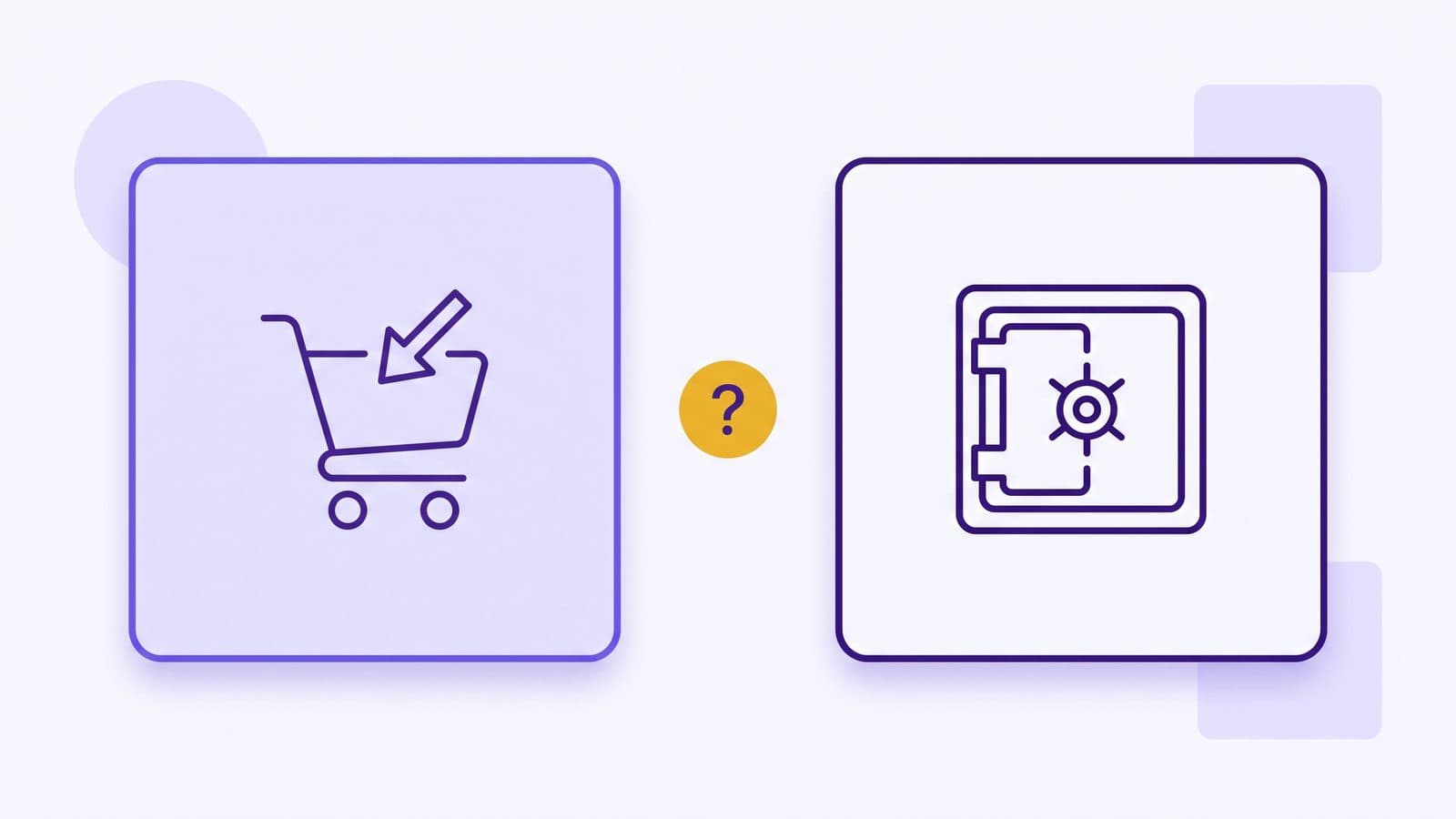Two panels held apart to show they are different products: a shopping cart with an inbound arrow for accepting customer money, and a closed vault for holding the company's own money, with a gold question mark between them.