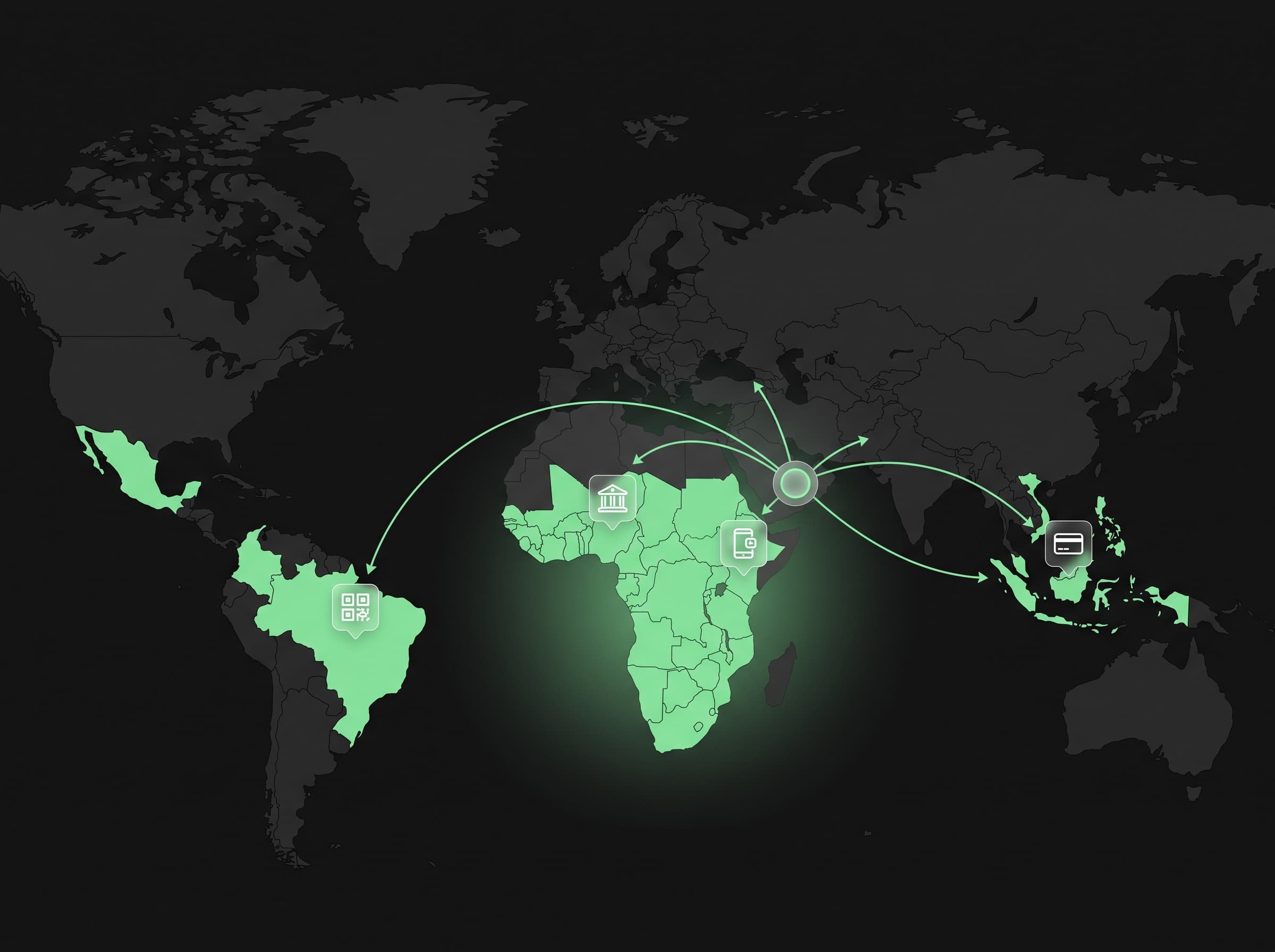 World map infographic showing a central API node disbursing payouts to bank, mobile wallet and card icons across Africa, Latin America and Southeast Asia