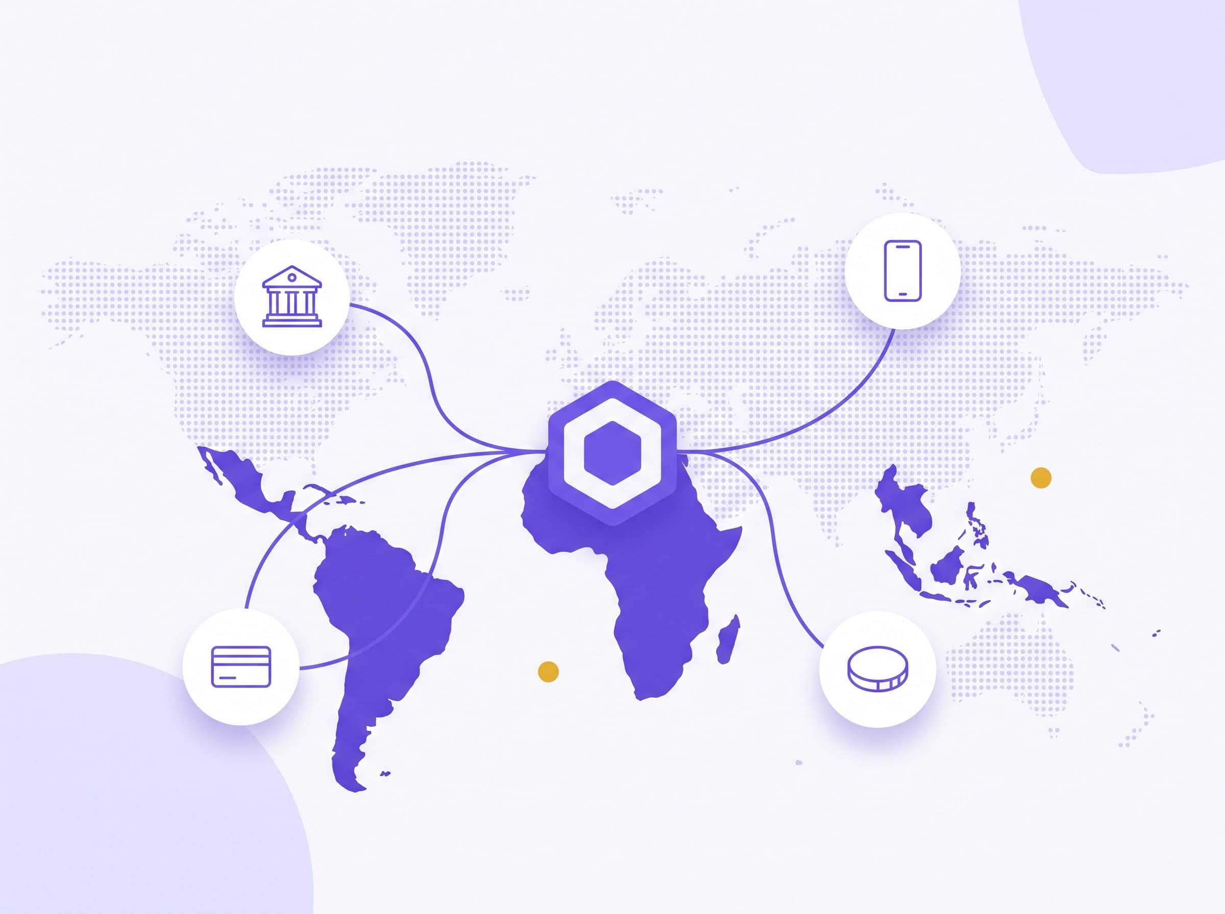 World map infographic showing a central API node disbursing payouts to bank, mobile wallet and card icons across Africa, Latin America and Southeast Asia