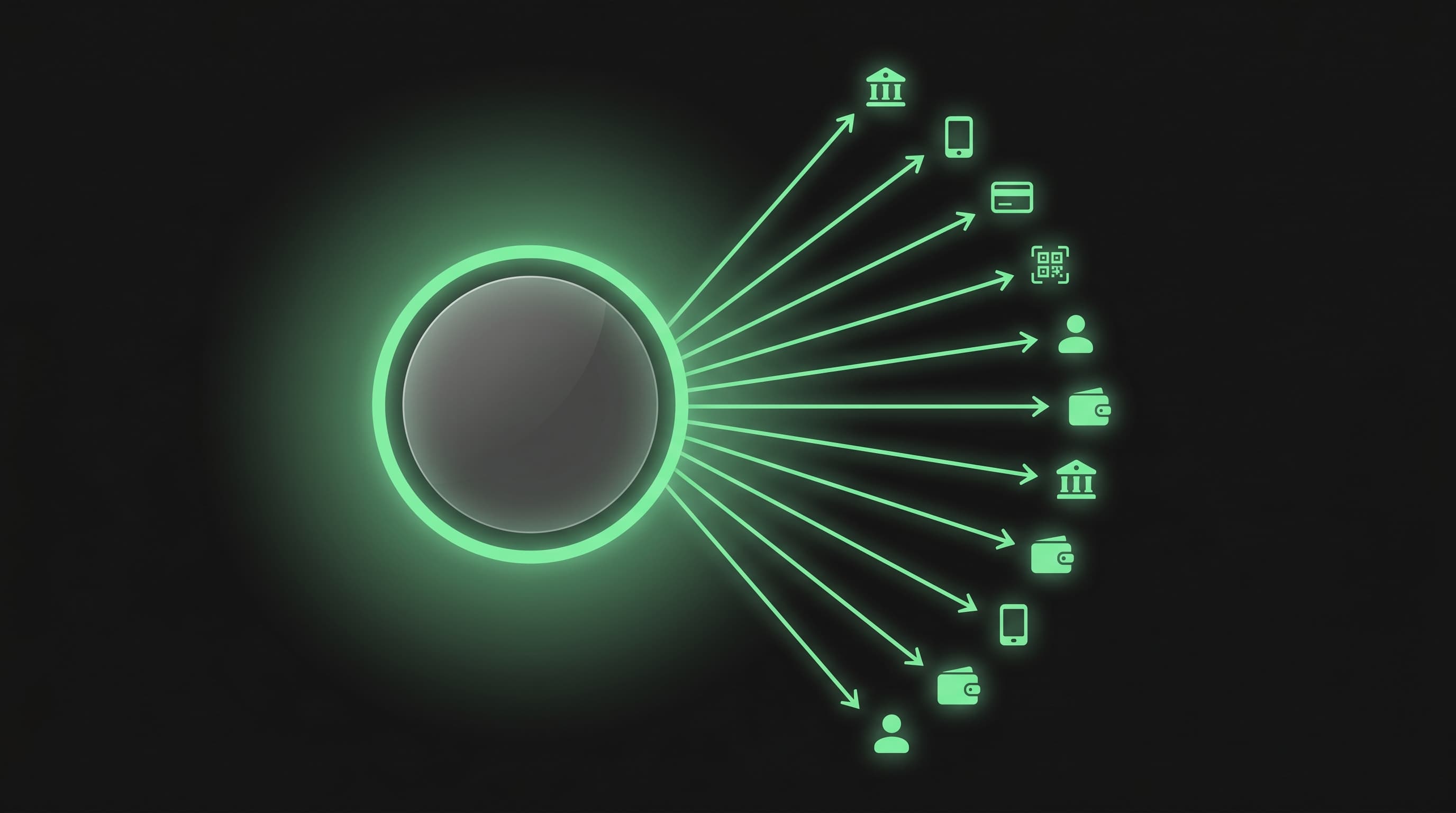 Bulk disbursement diagram showing a central balance node fanning out payments to multiple recipient wallets