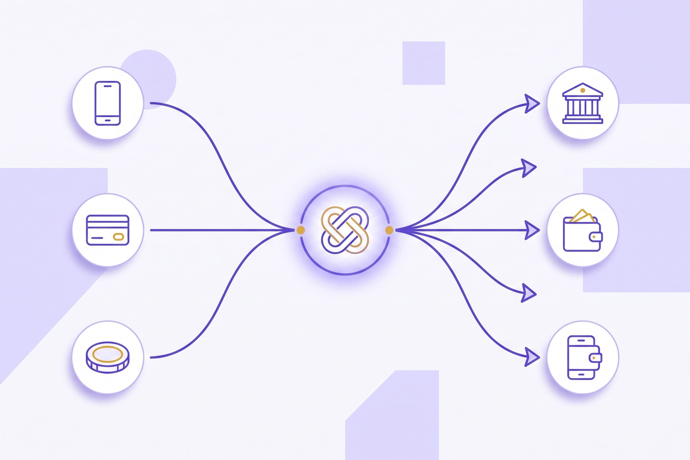 Flat vector illustration of payments fanning out from a central hub to bank accounts and mobile wallets in Boldrails violet and gold