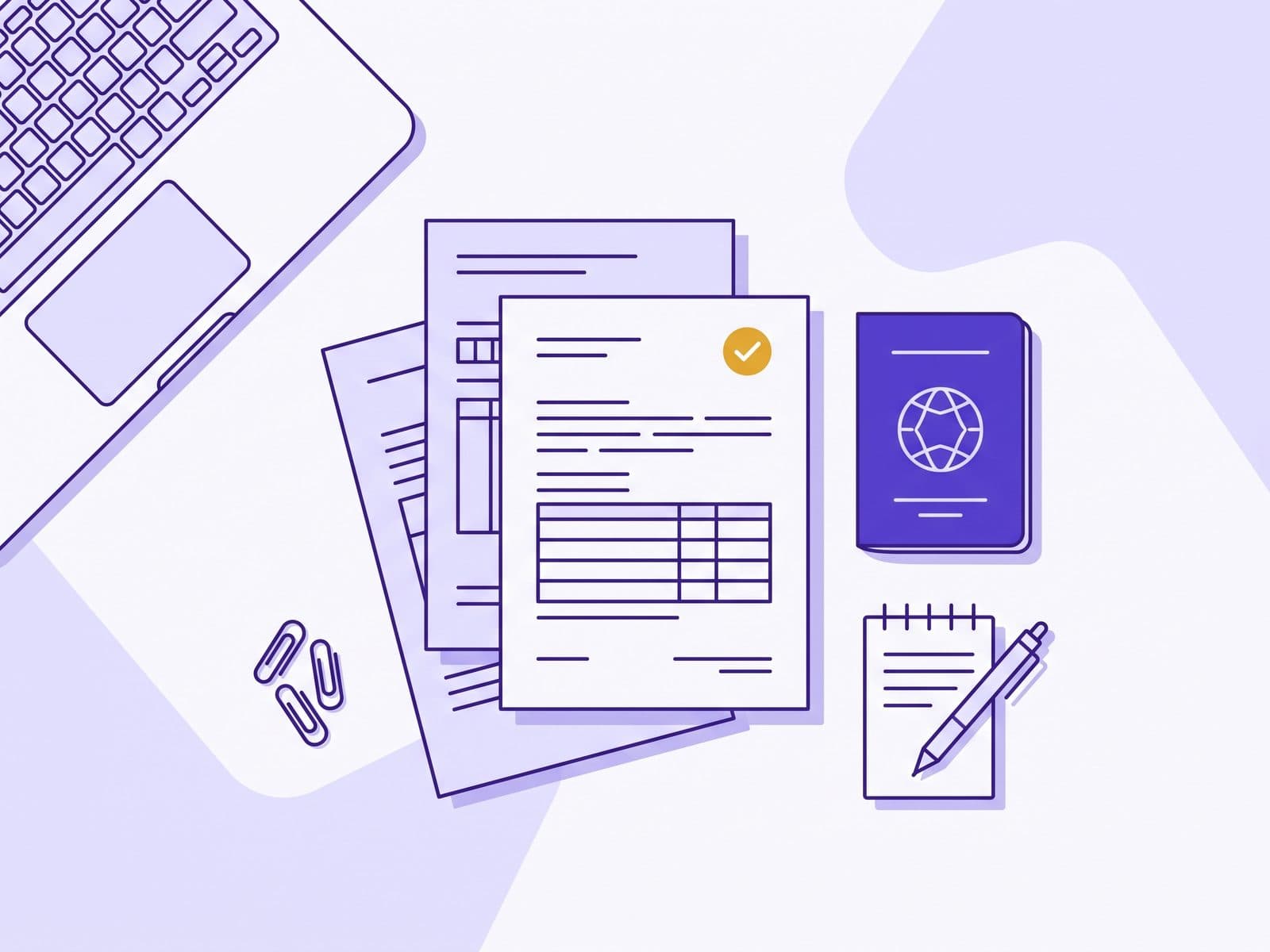Flat-lay illustration of business incorporation documents and a passport with a gold approval checkmark, in violet and gold brand tones