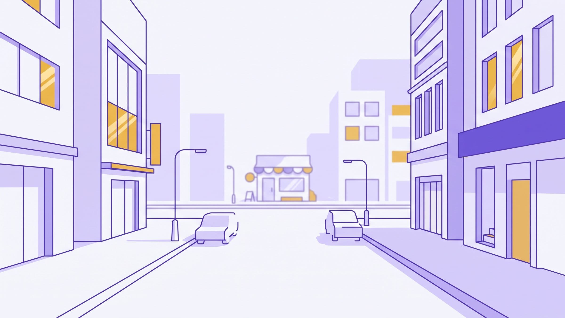 Illustrated Bangkok street scene with a shopfront, representing Thai merchant checkout, in violet and gold brand tones