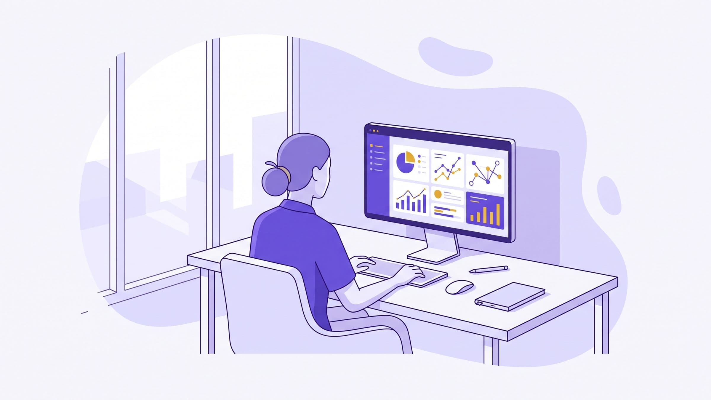 Payments operations specialist reviewing a settlement dashboard, illustrated in violet and gold brand tones