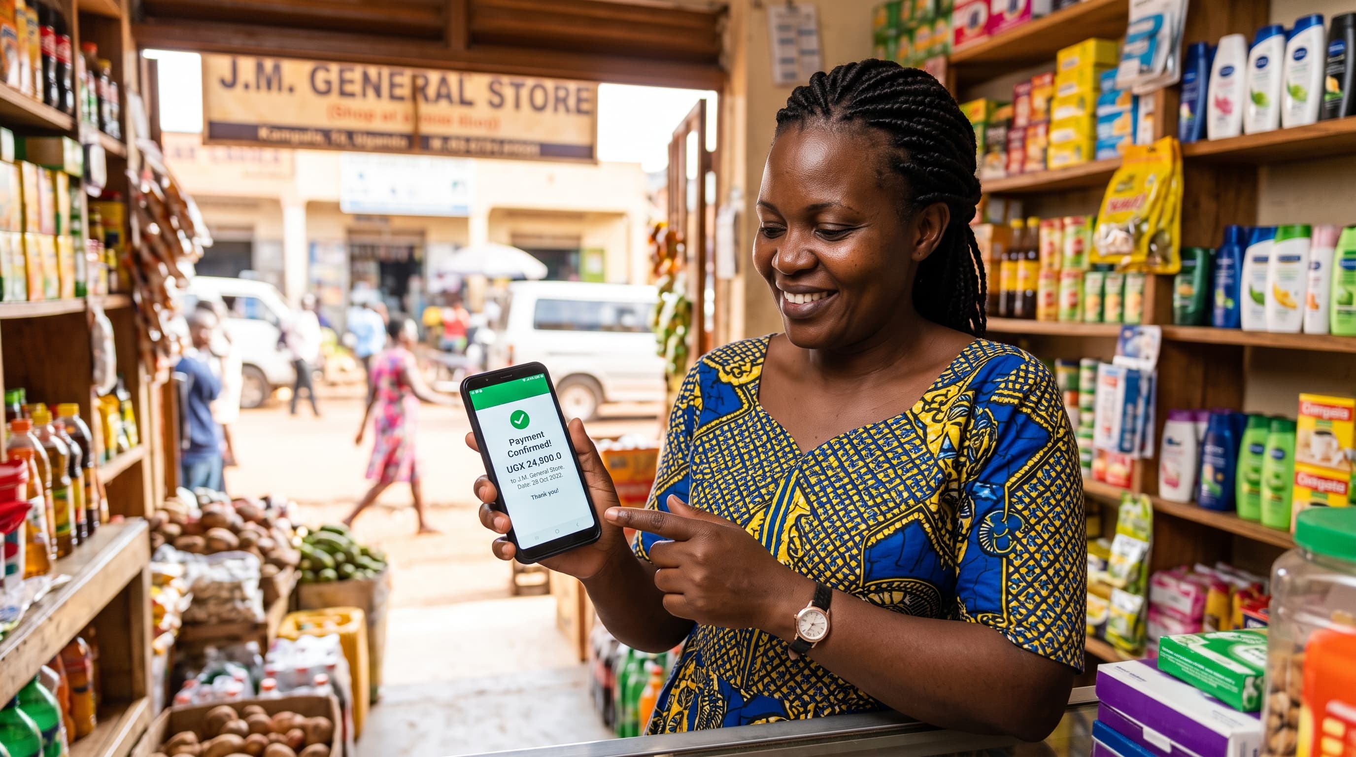Mobile-money and card payments settling through one gateway into a Ugandan shilling account
