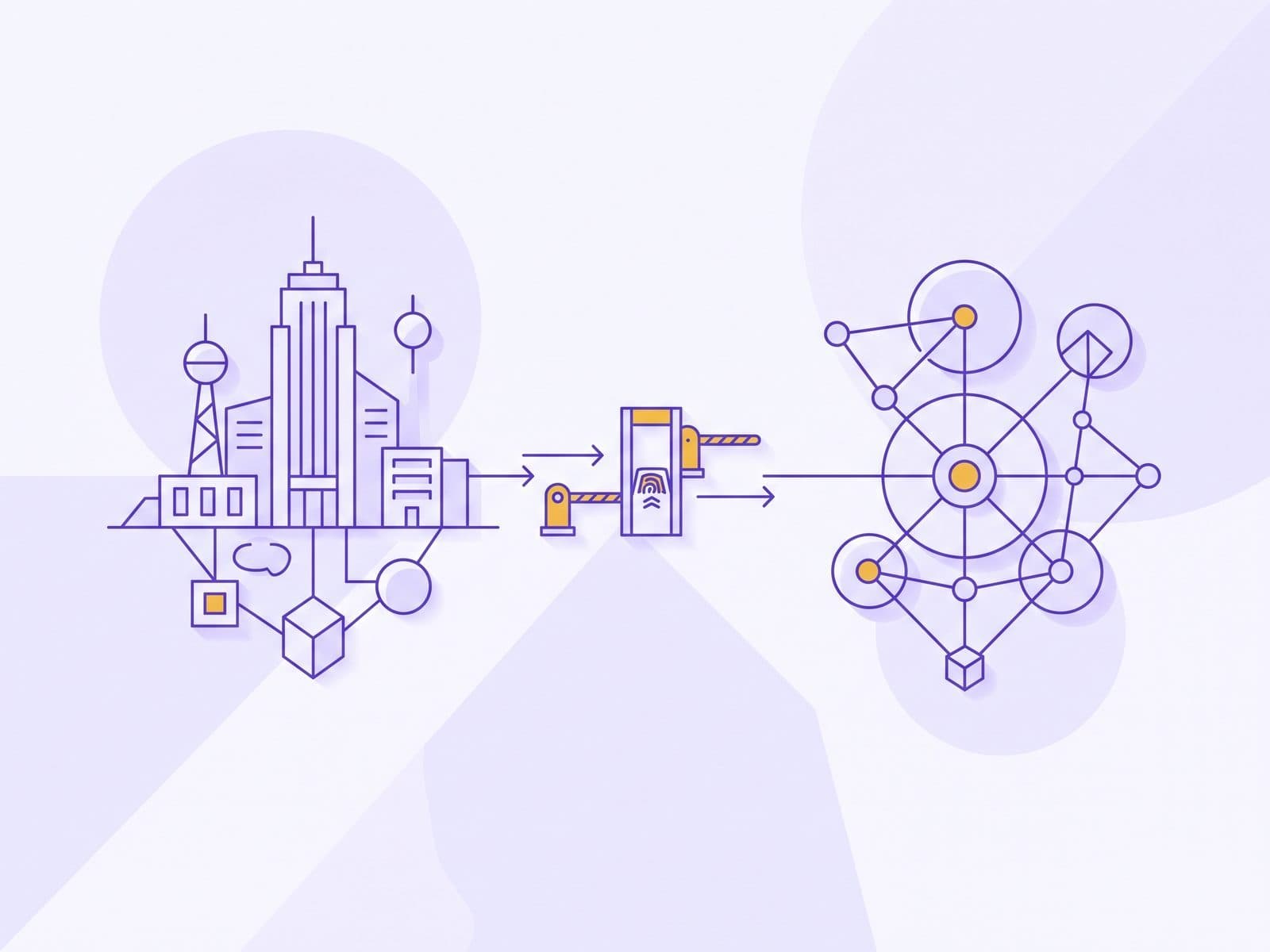 Diagram of a corporate entity connecting to a national payment network through a single checkpoint, in violet with one gold checkpoint on a lavender canvas.