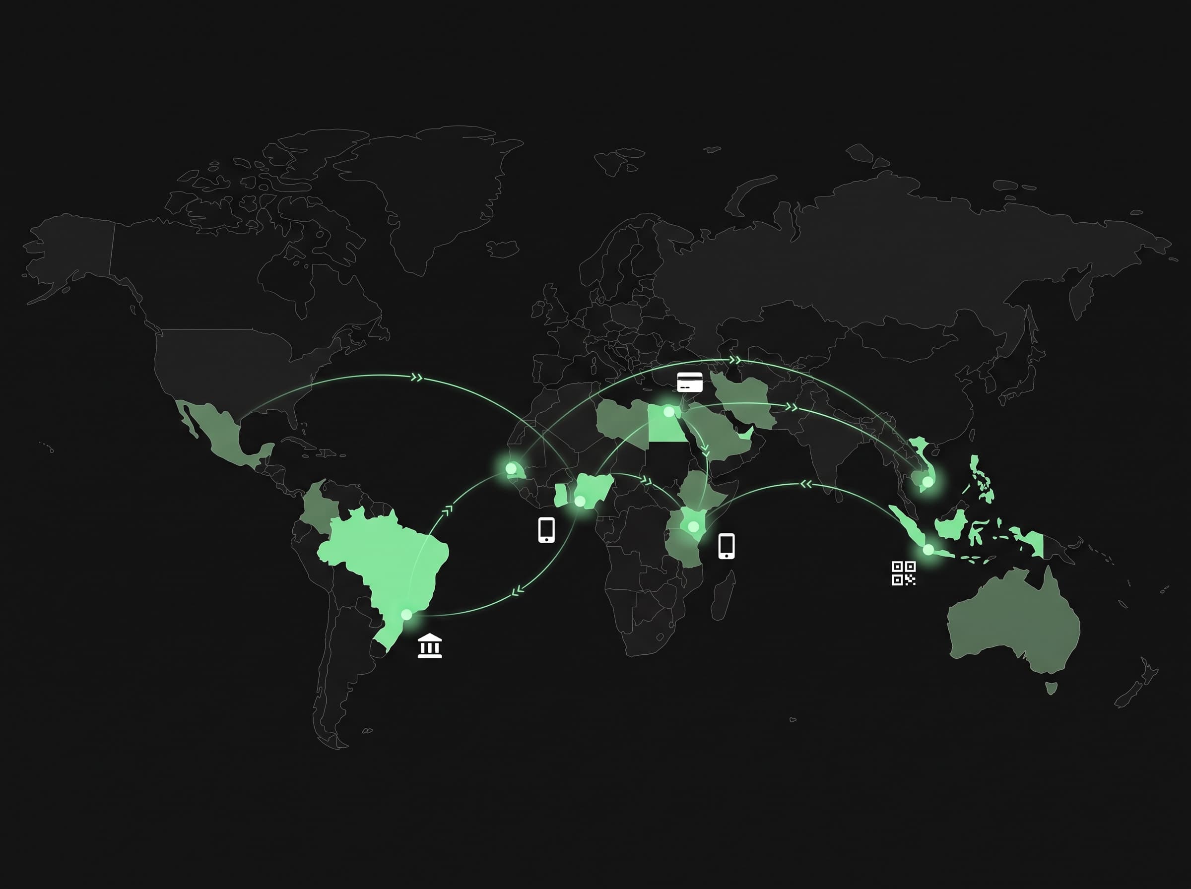 Stylized dark world map highlighting Boldrails' served regions with glowing green payment-rail connections.